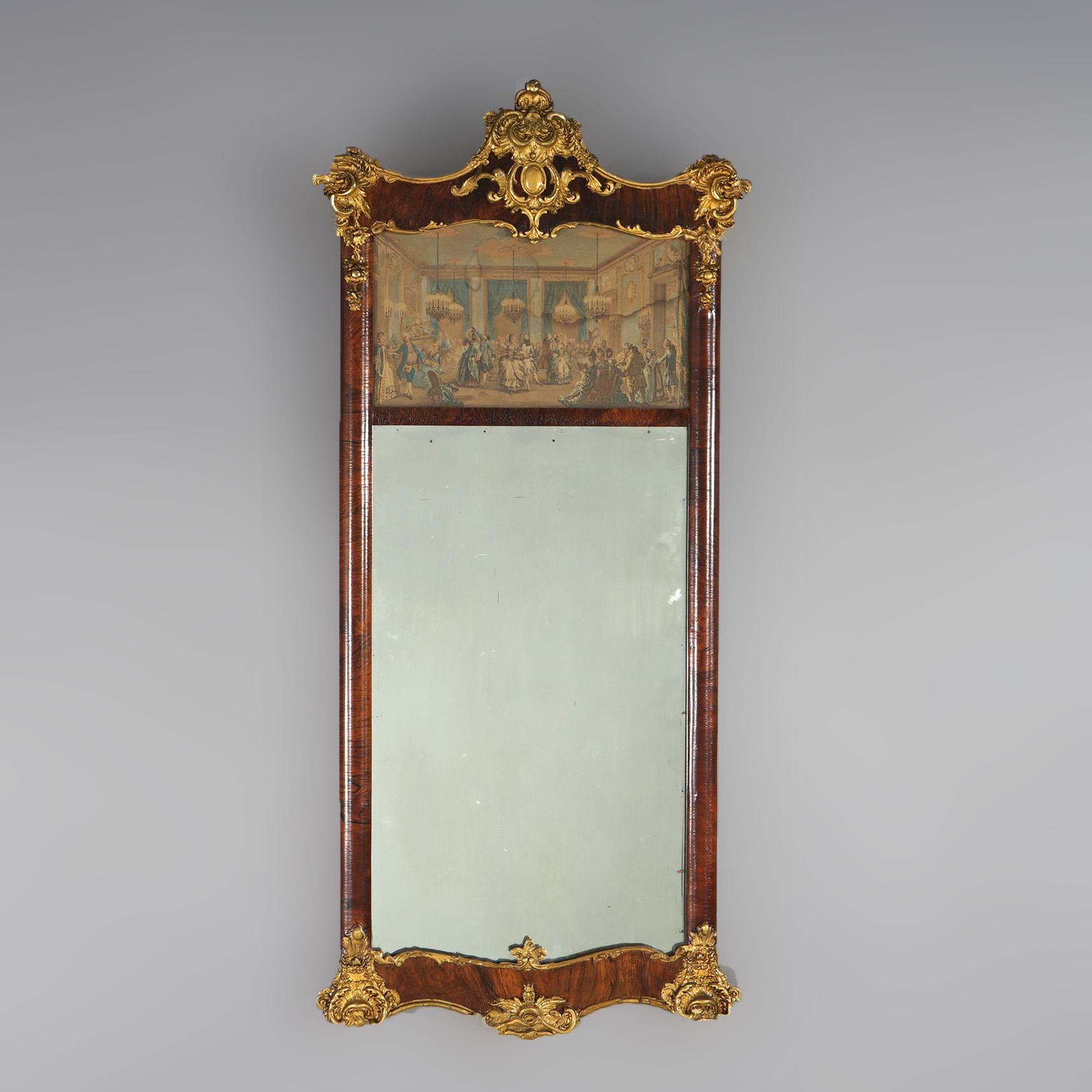 An antique Classical trumeau mirror offers rosewood frame with giltwood foliate trimming, ballroom scene in upper panel and lower mirror, circa 1890

Measures - 44.75
