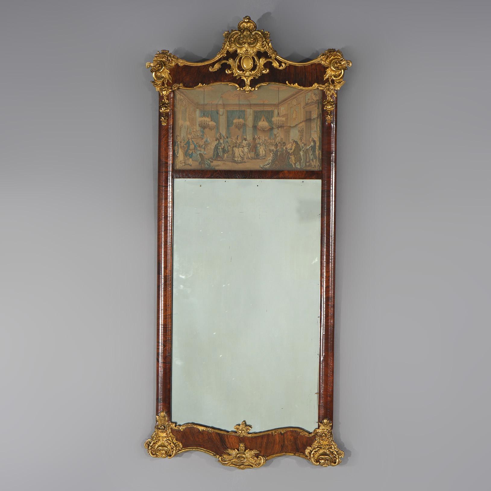 Antique Classical Gilt & Rosewood Trumeau Wall Mirror with Ballroom Scene, c1890 In Good Condition In Big Flats, NY