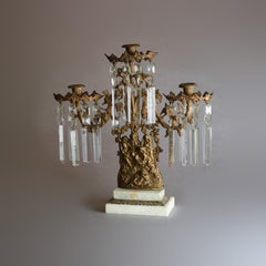 Antique Classical Girandole Crystal & Figural Gilt Metal Candelabra c. 1890