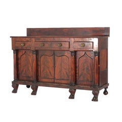 Antique Classical Gothic Revival Carved Flame Mahogany Paw Foot Sideboard C1840