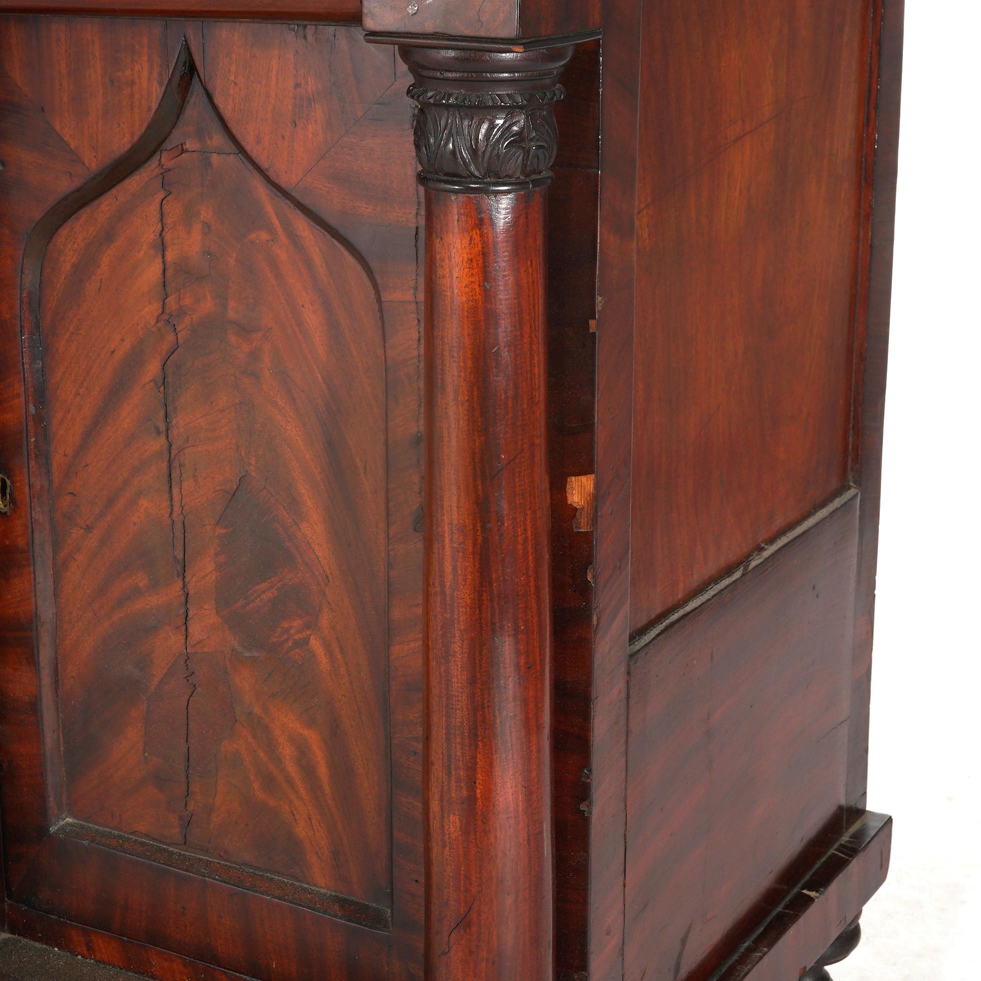 Antique Classical Gothic Revival Carved Flame Mahogany Paw Foot Sideboard C1840 In Good Condition In Big Flats, NY