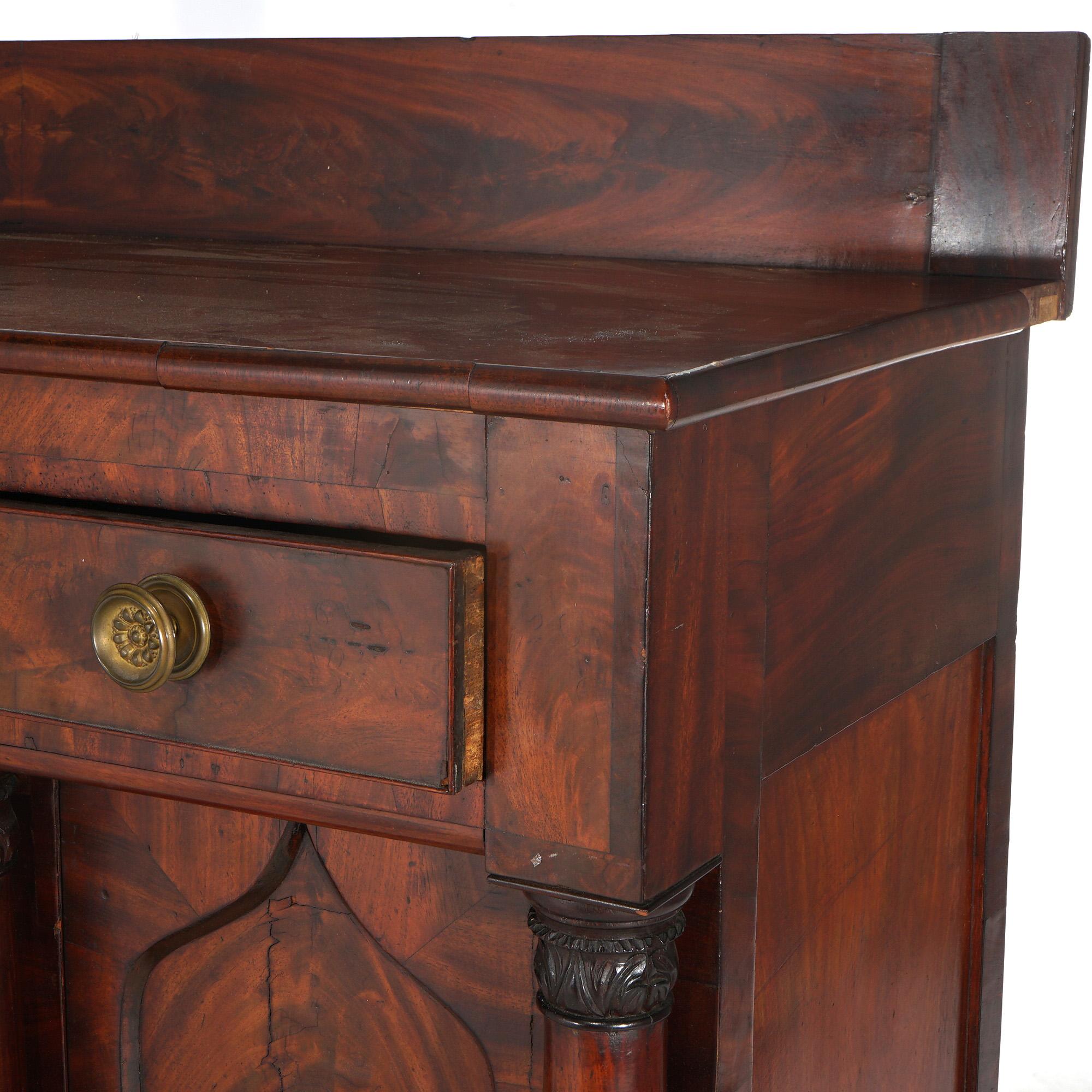 19th Century Antique Classical Gothic Revival Carved Flame Mahogany Paw Foot Sideboard C1840
