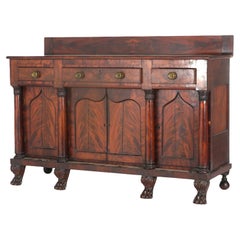 Antique Classical Gothic Revival Carved Flame Mahogany Paw Foot Sideboard C1840