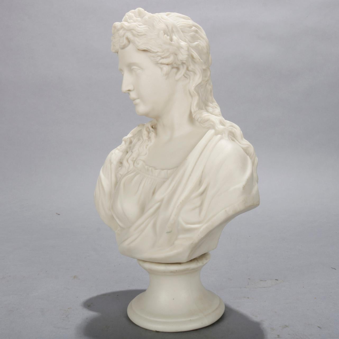 An antique Classical Greek parian sculpture bust in the manner of Copeland depicts portrait of young woman on plinth, en verso stamped KC 212 as photographed, circa 1890.

Measures: 12