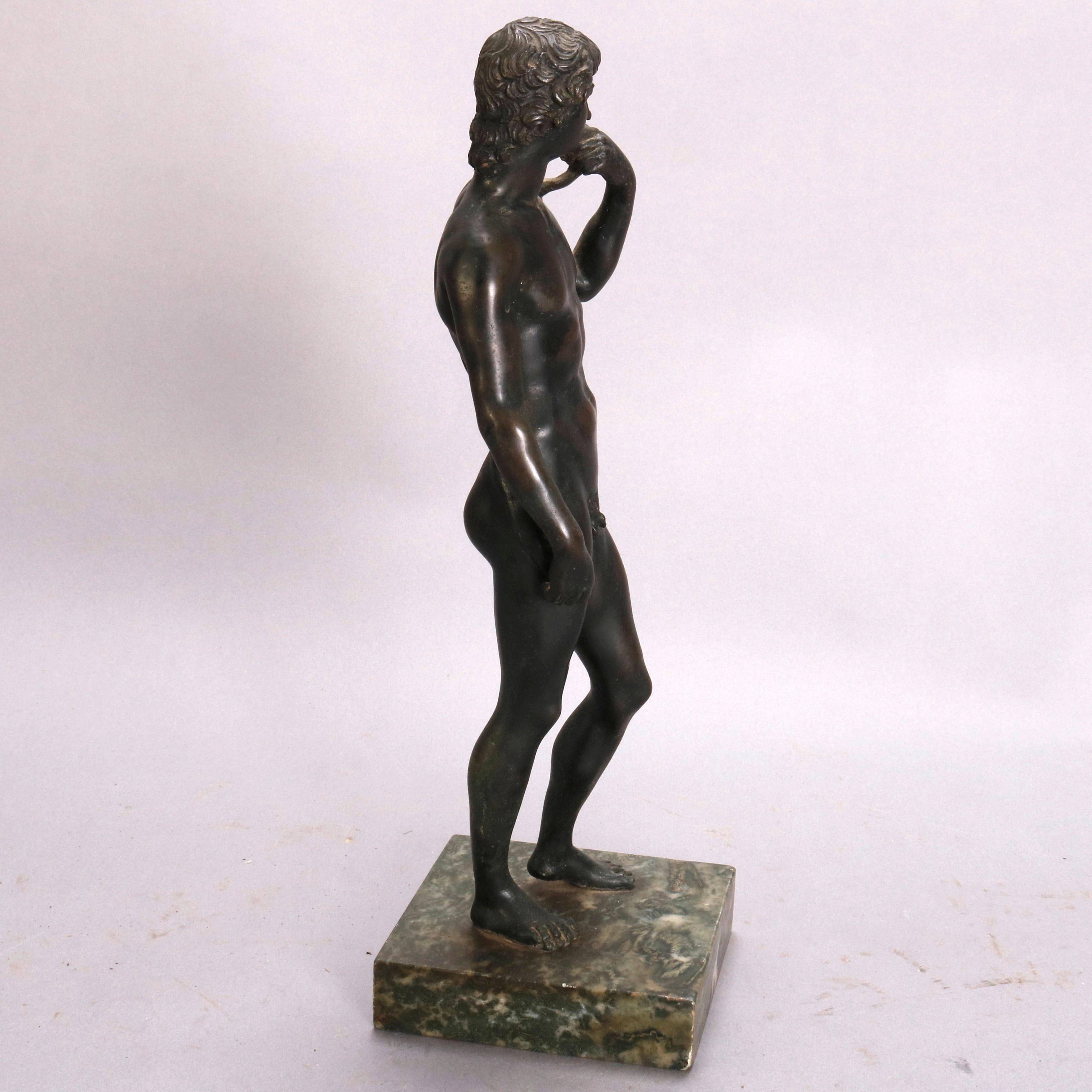 An antique grand tour figural bronze sculpture depicts full length portrait of classical Greek man mounted on marble base, circa 1890

***DELIVERY NOTICE – Due to COVID-19 we have employed LIMITED-TO-NO-CONTACT PRACTICES in the transfer of purchased