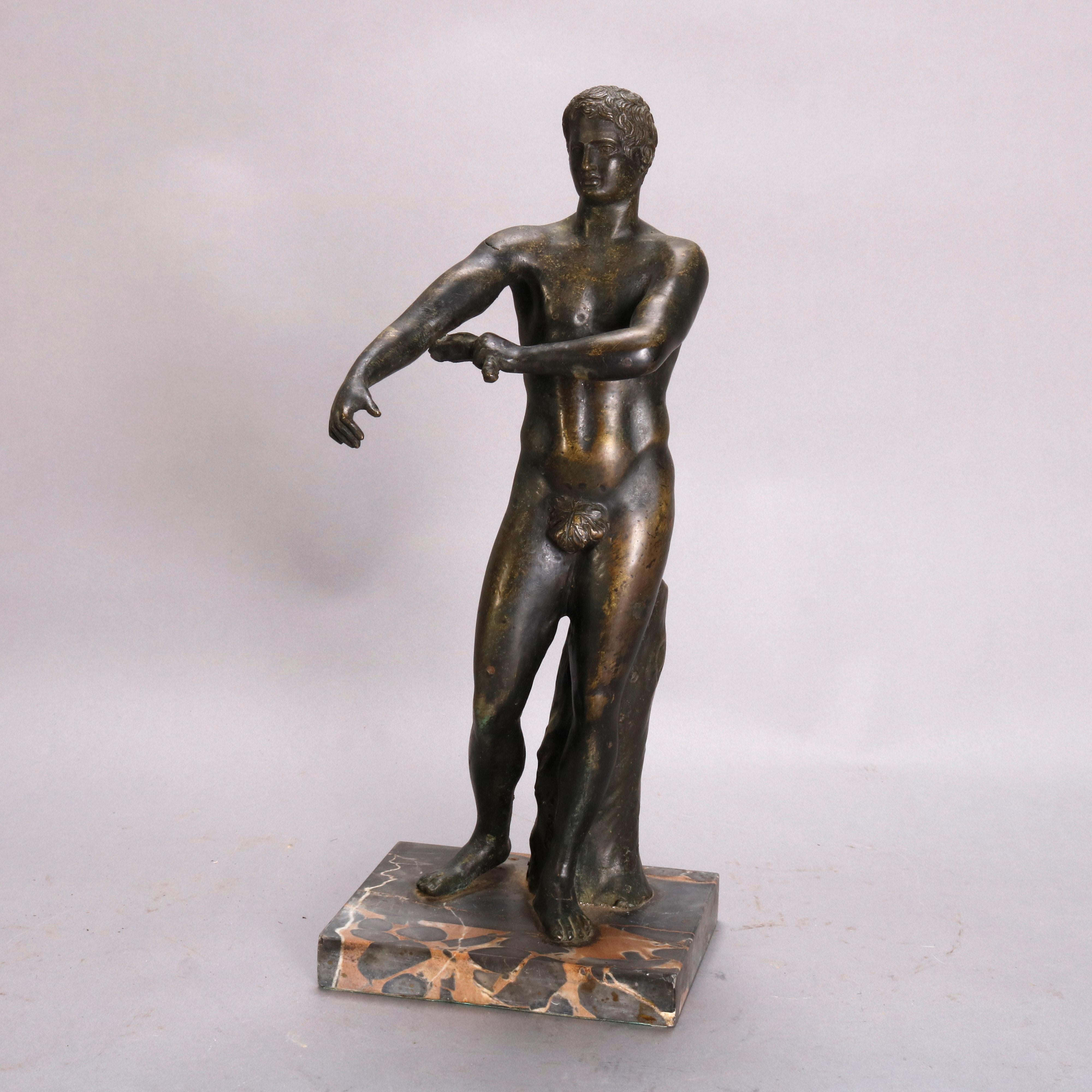 An antique grand tour figural bronze sculpture depicts full length portrait of classical Greek man mounted on marble base, circa 1890

***DELIVERY NOTICE – Due to COVID-19 we have employed LIMITED-TO-NO-CONTACT PRACTICES in the transfer of purchased