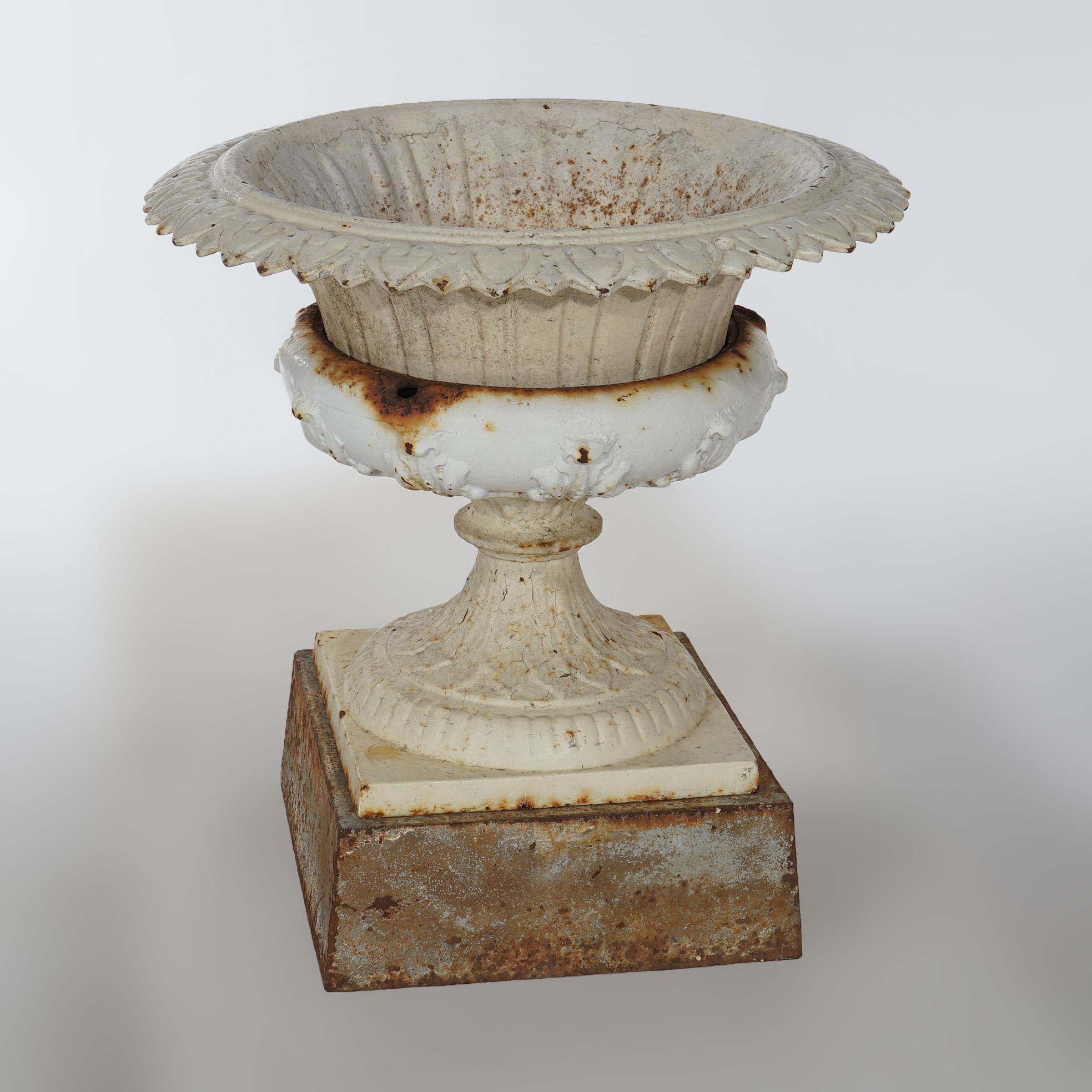 Antique Classical Greek Style Cast Iron Garden Urn & Base, circa 1890 In Good Condition In Big Flats, NY