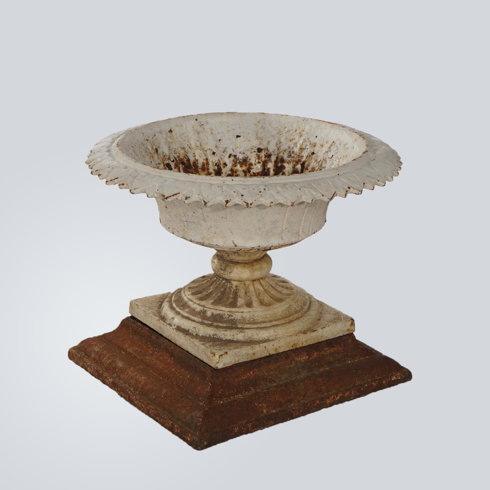Antique Classical Greek Style Cast Iron Garden Urn & Base, circa 1890 In Good Condition In Big Flats, NY