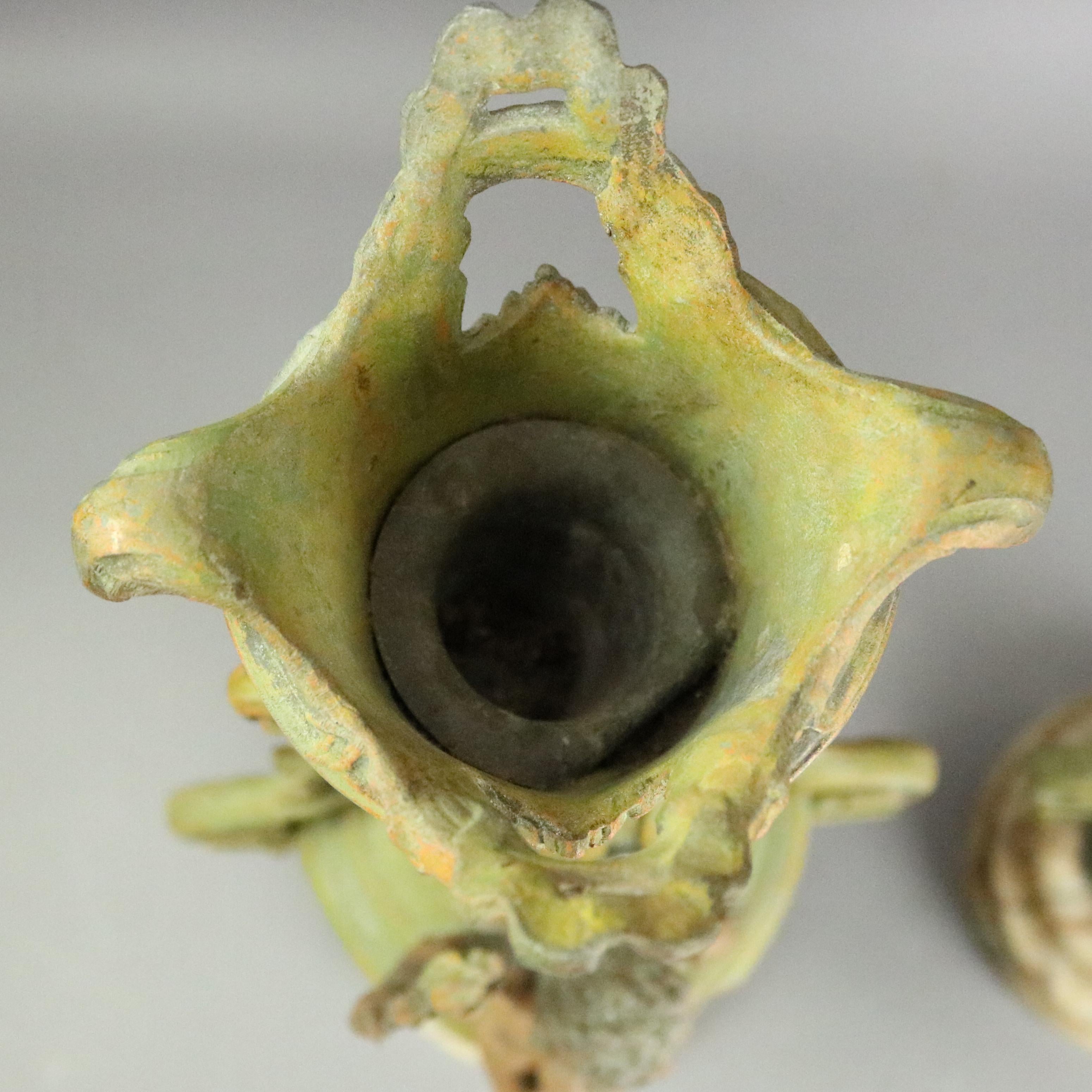 Antique Classical Greek Verdigris Metal and Marble Figural Cherub Urns 3