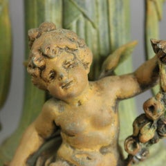Antique Classical Greek Verdigris Metal and Marble Figural Cherub Urns