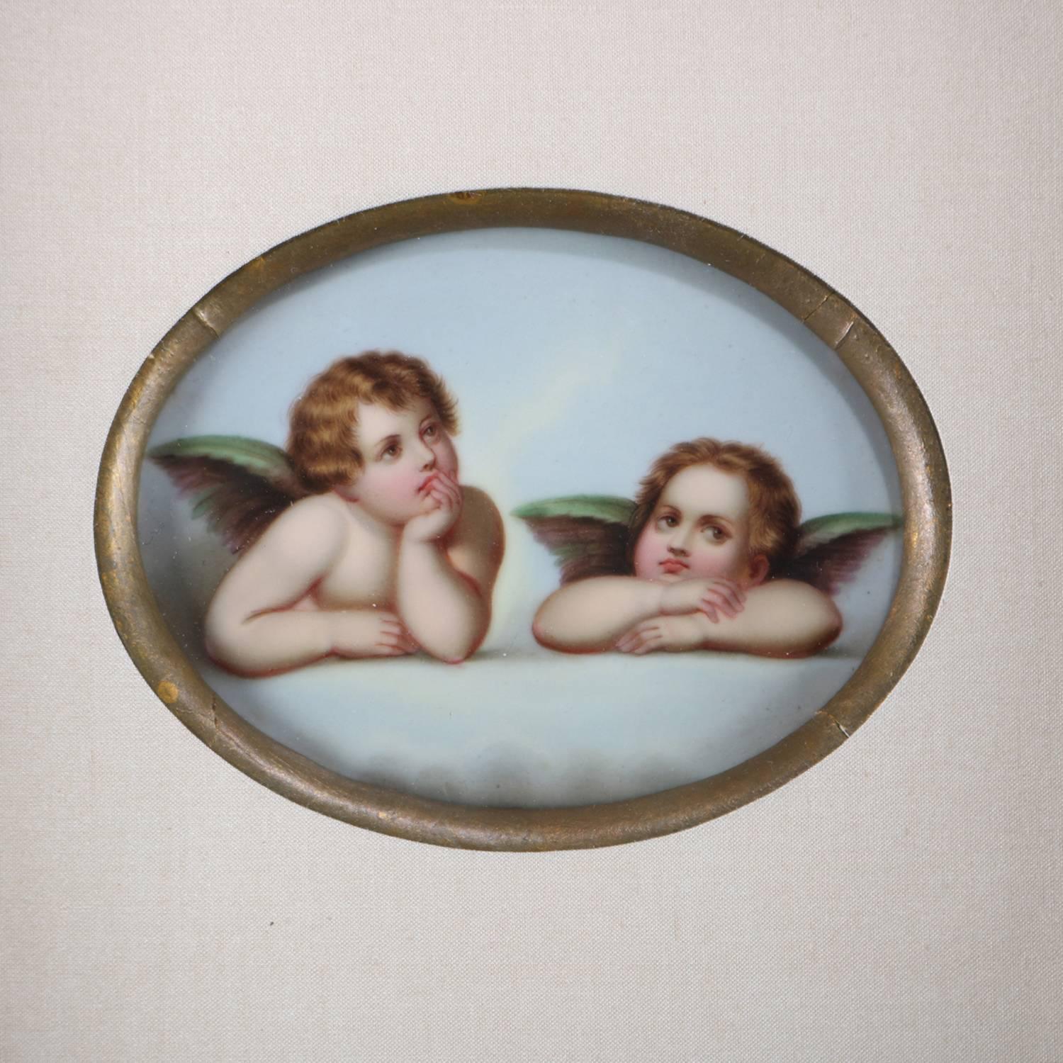 Antique Classical hand-painted porcelain plaque depicts two cherubs, en verso mark as photographed, seated in gilt frame, circa 1870

Measures: frame 10.5