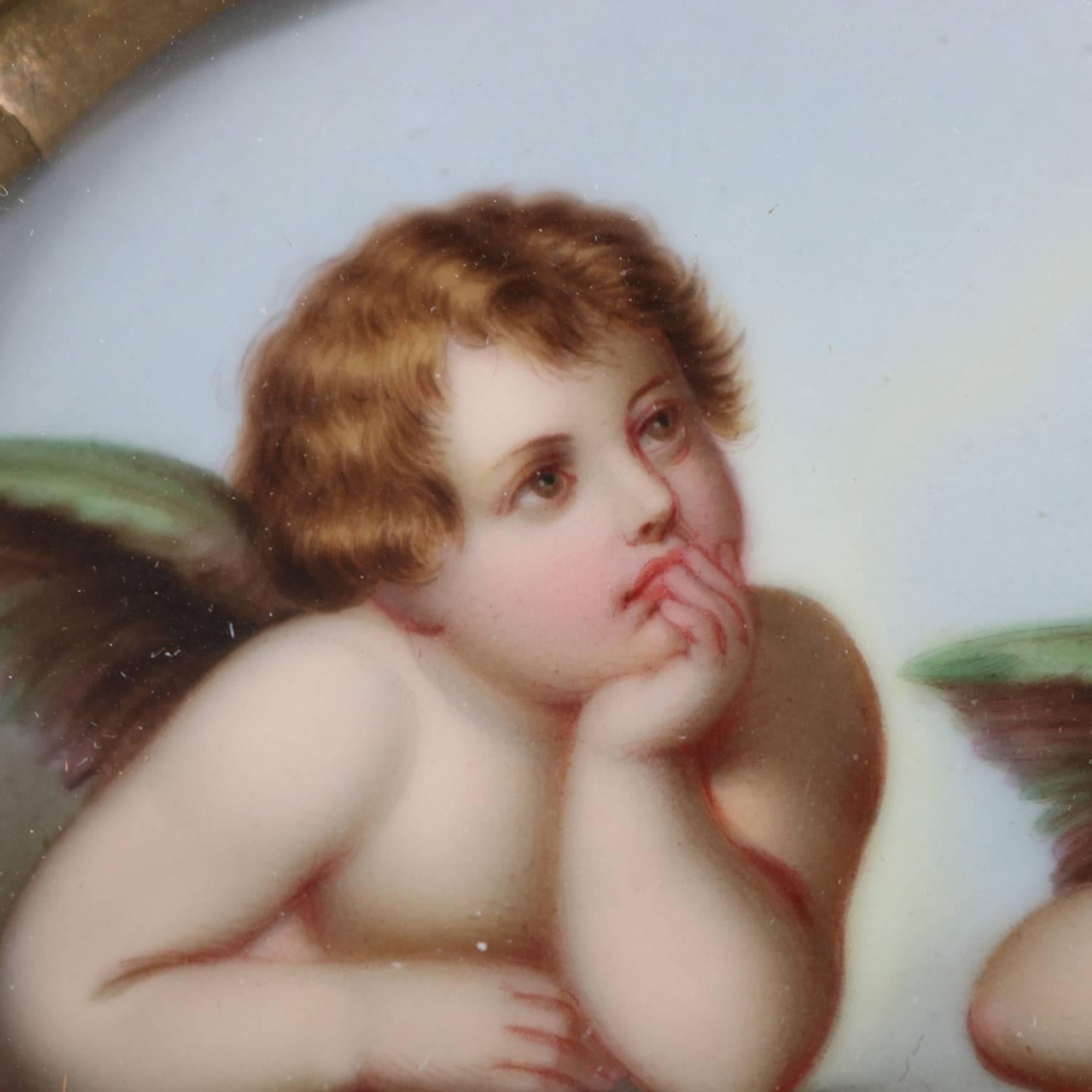 Classical Greek Antique Classical Hand-Painted Porcelain Plaque of Cherubs in Gilt Frame