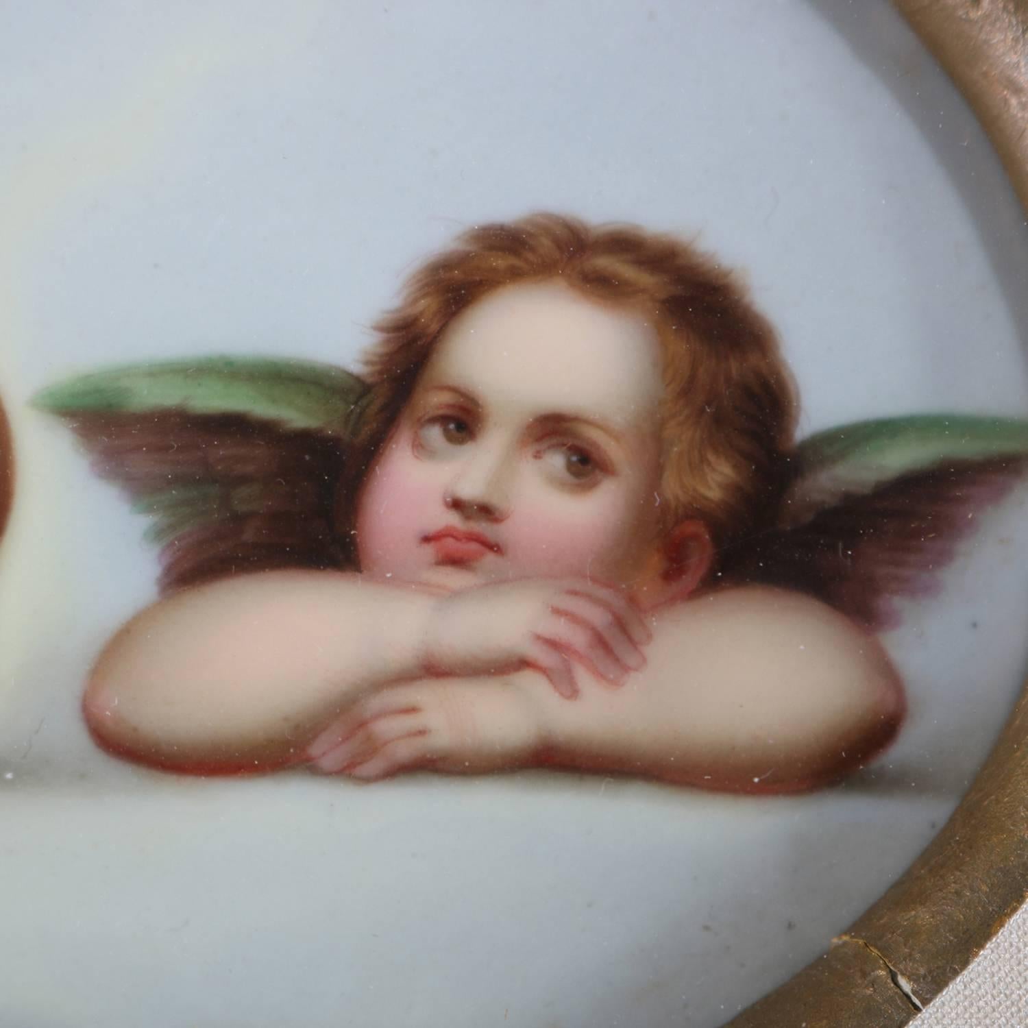 Antique Classical Hand-Painted Porcelain Plaque of Cherubs in Gilt Frame In Good Condition In Big Flats, NY