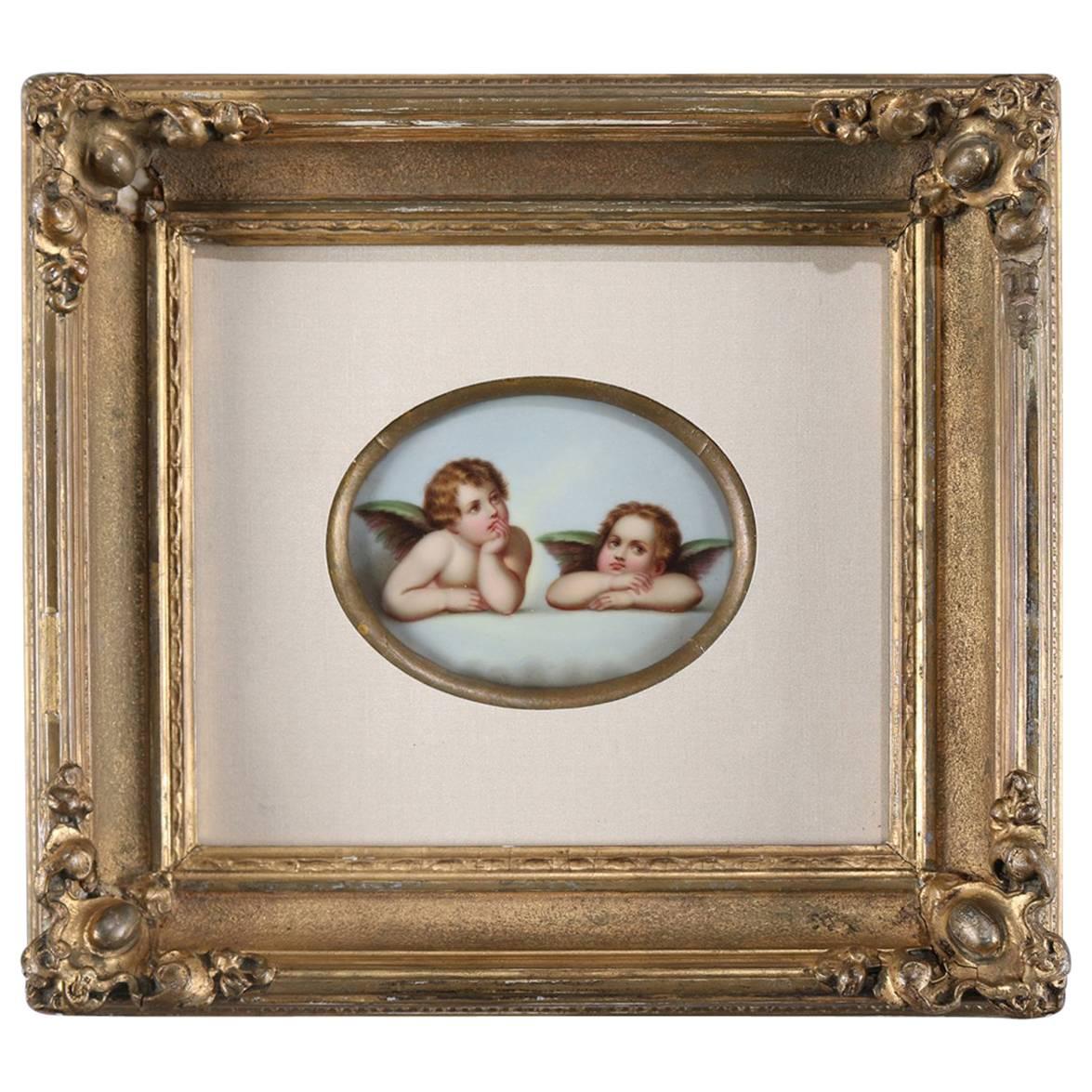 Antique Classical Hand-Painted Porcelain Plaque of Cherubs in Gilt Frame