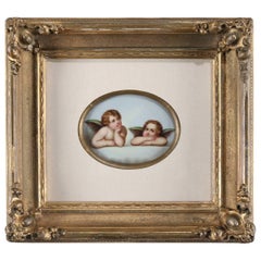 Antique Classical Hand-Painted Porcelain Plaque of Cherubs in Gilt Frame