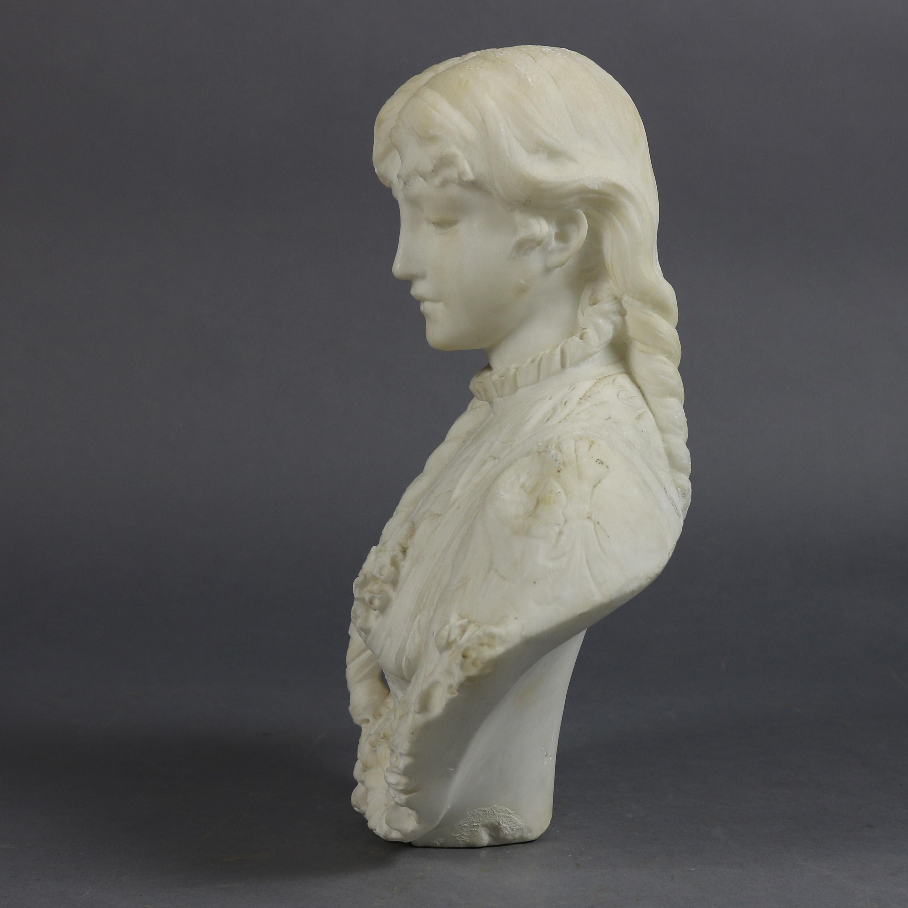 19th Century Antique Classical Italian Carved Alabaster Young Woman Portrait Sculpture