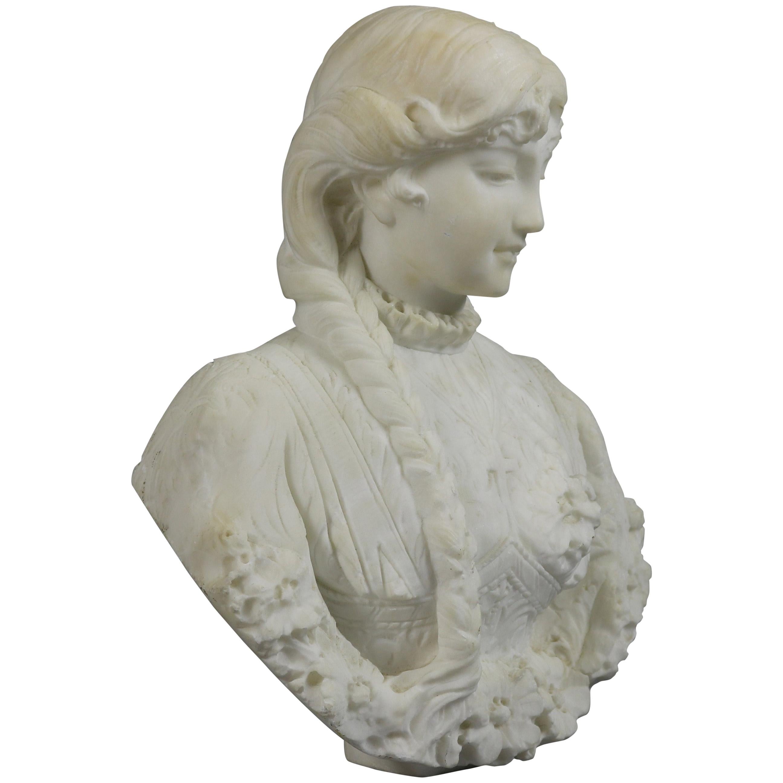 Antique Classical Italian Carved Alabaster Young Woman Portrait Sculpture