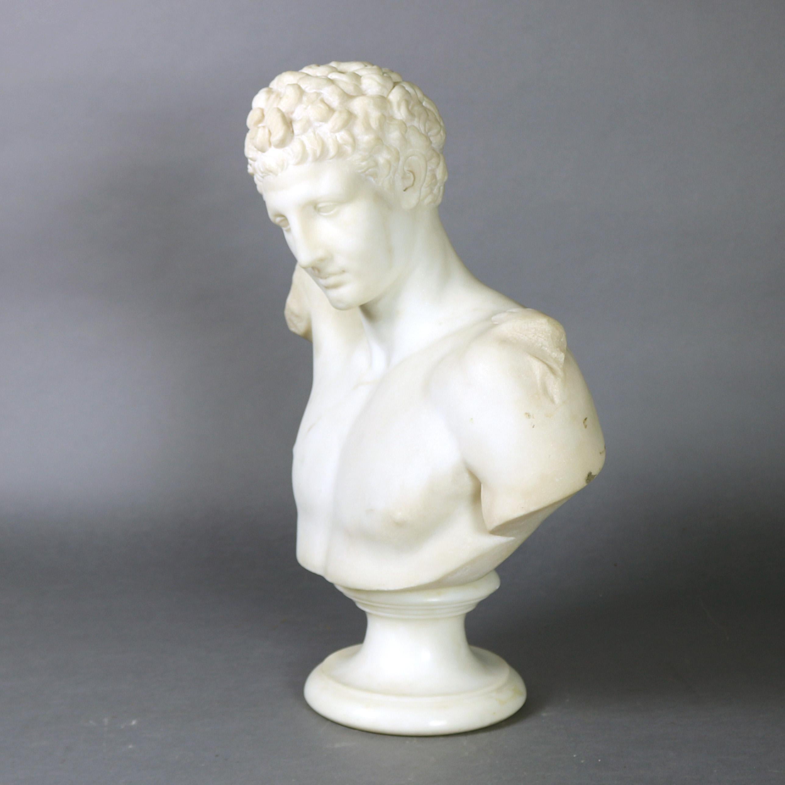 Classical Greek Classical Italian Carved Marble Bust of Hermes after Praxiteles, 19th Century