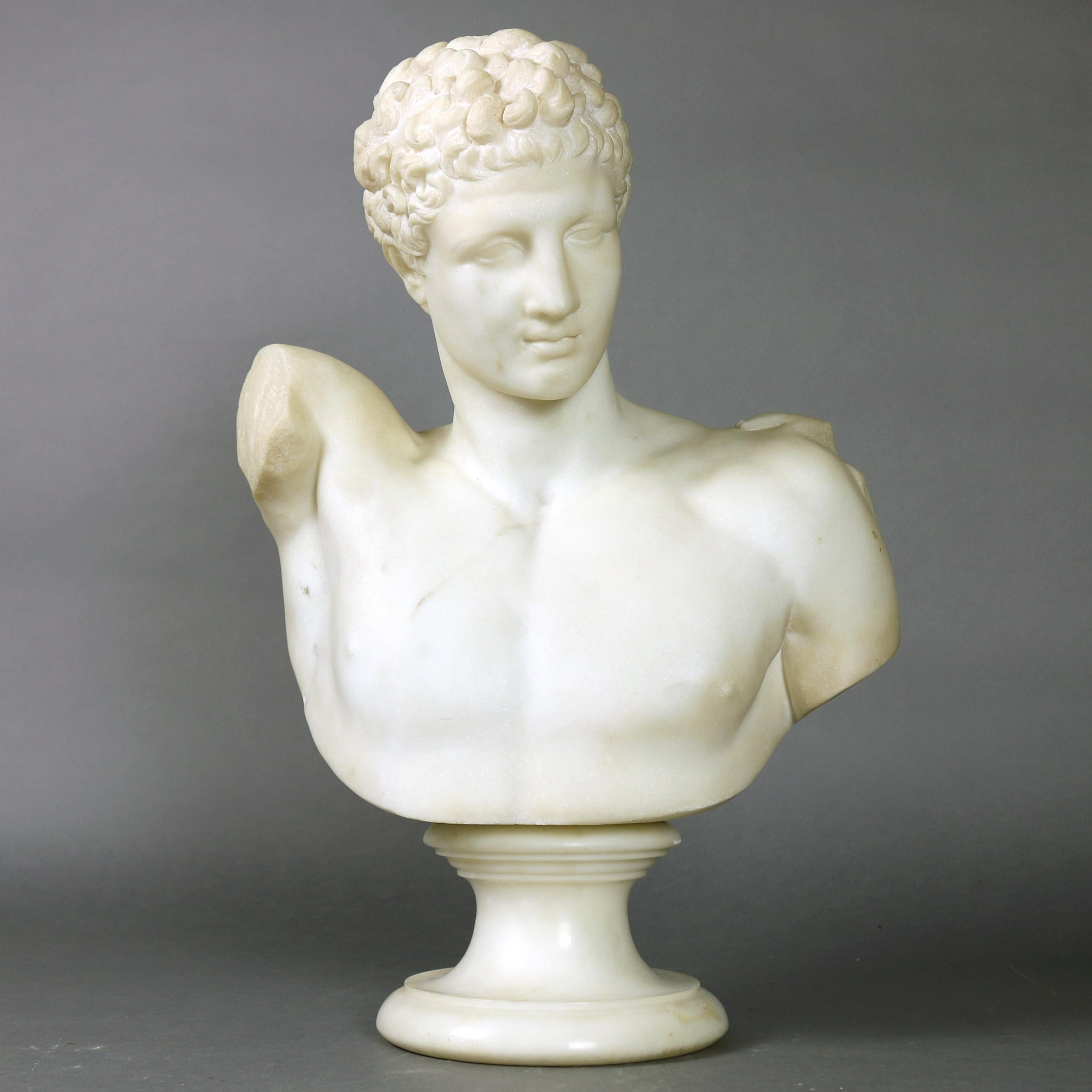 Classical Italian Carved Marble Bust of Hermes after Praxiteles, 19th Century In Good Condition In Big Flats, NY