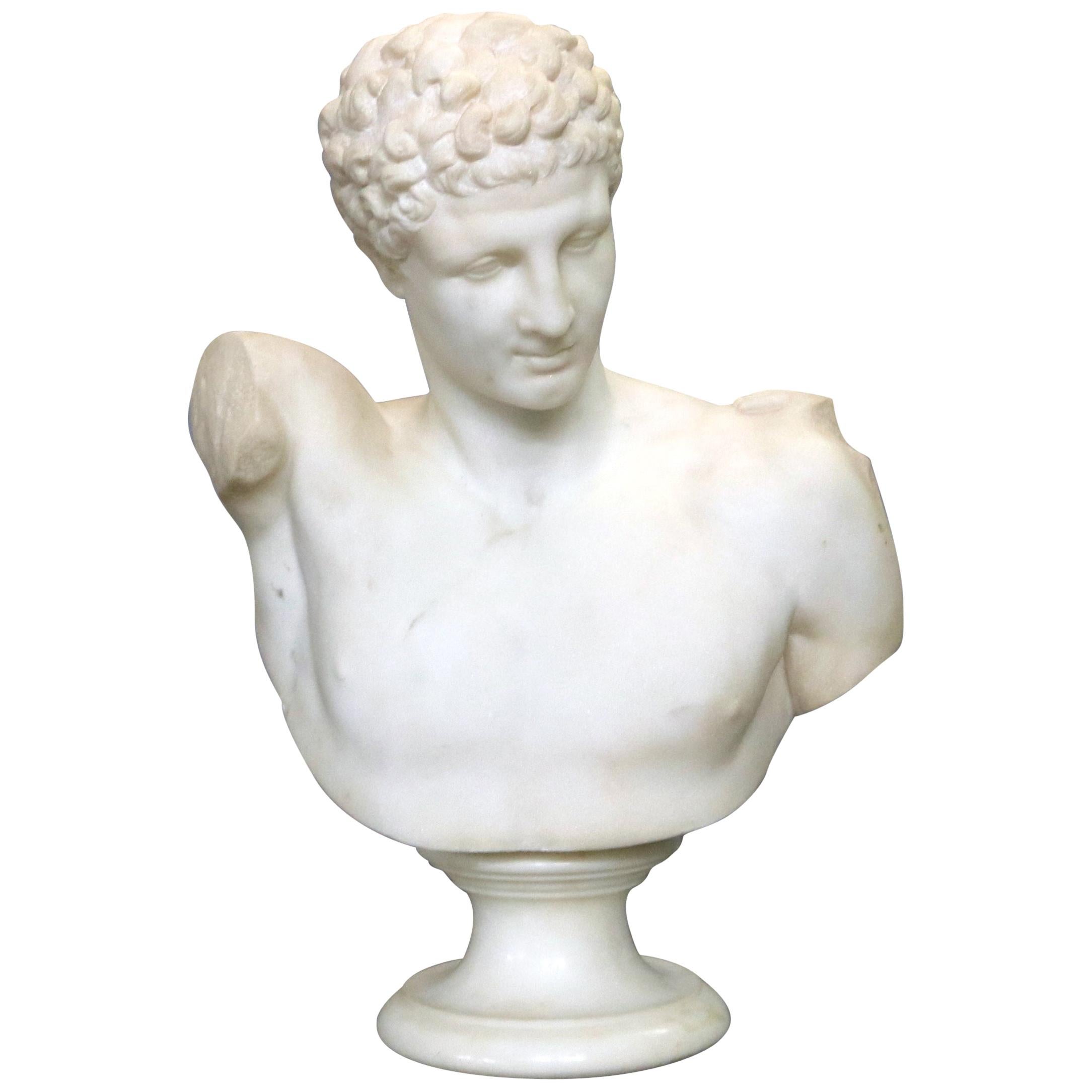 Classical Italian Carved Marble Bust of Hermes after Praxiteles, 19th Century