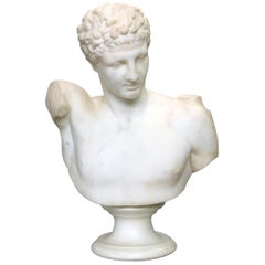 Classical Italian Carved Marble Bust of Hermes after Praxiteles, 19th Century