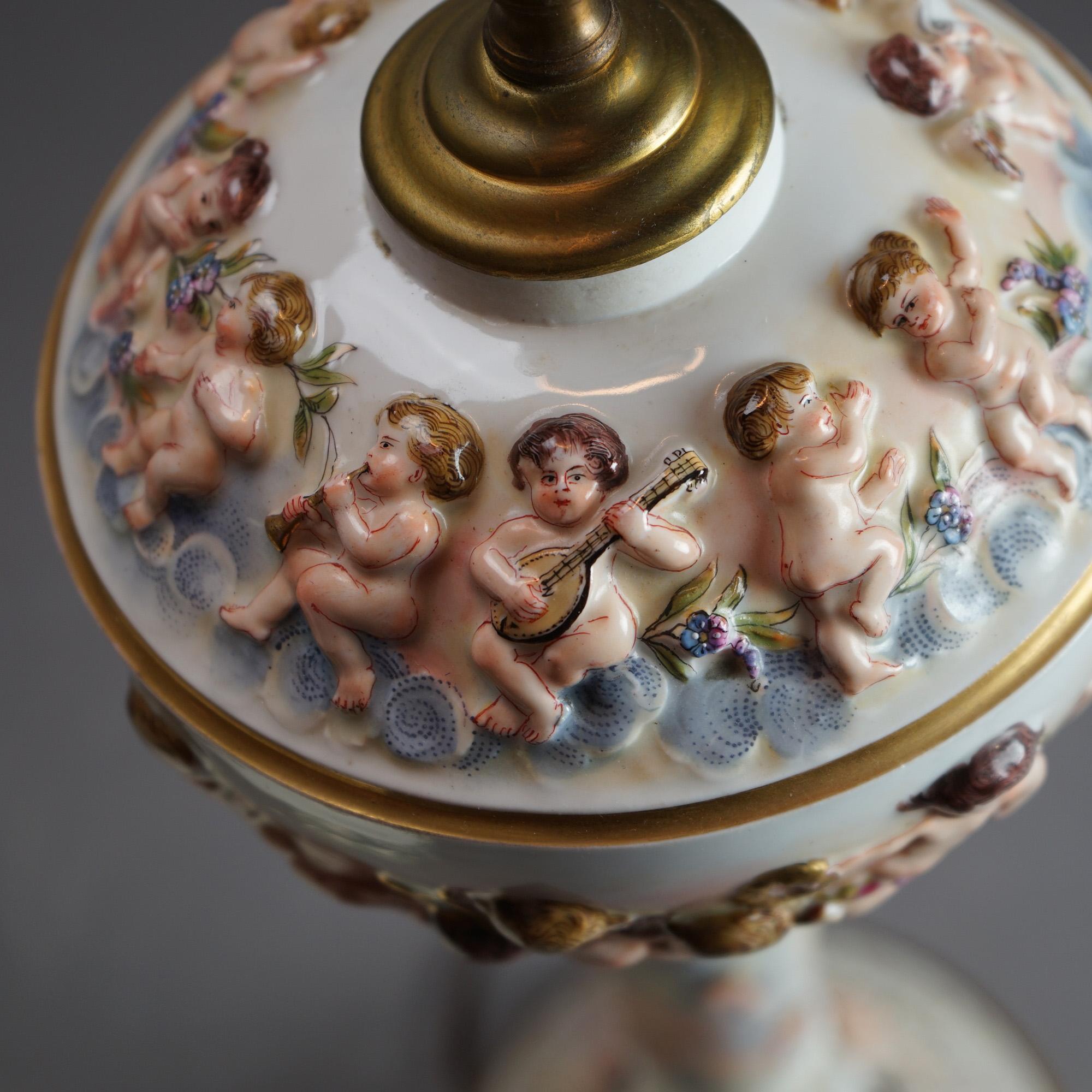 Antique Classical Italian Embossed Porcelain Cherub Table Lamp, c1920 For Sale 5