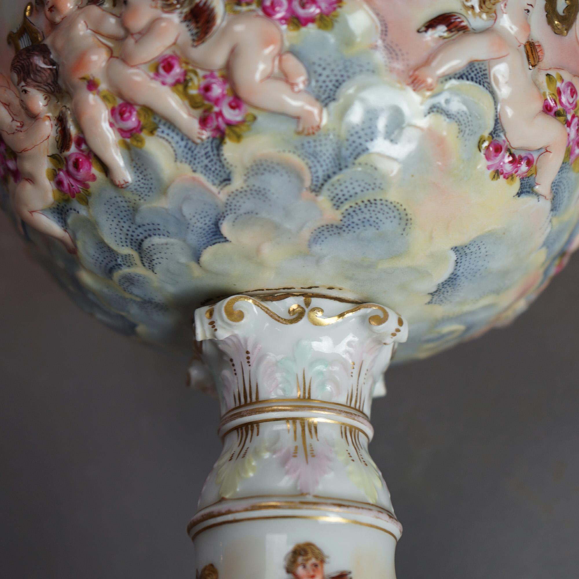 Antique Classical Italian Embossed Porcelain Cherub Table Lamp, c1920 For Sale 7