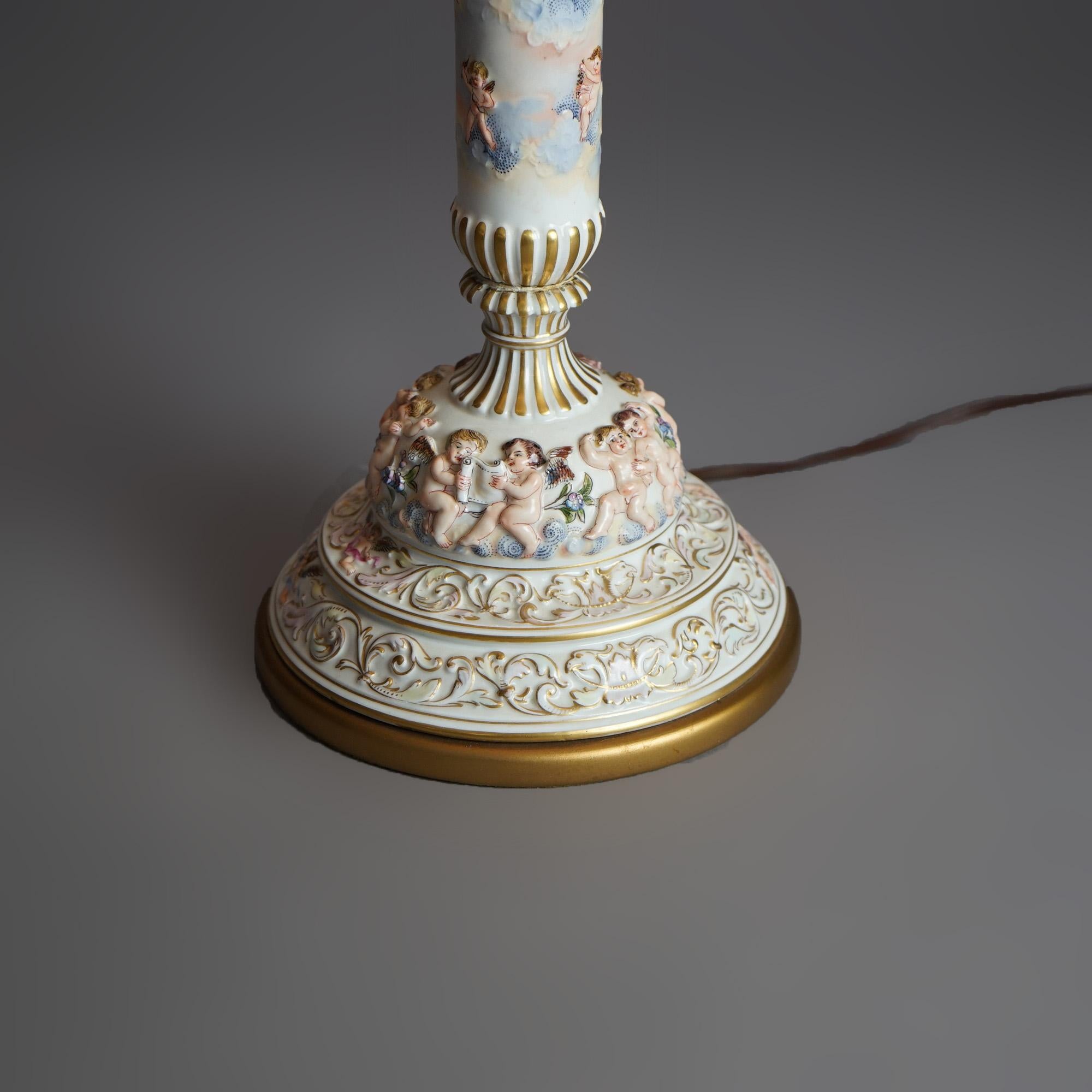 Antique Classical Italian Embossed Porcelain Cherub Table Lamp, c1920 In Good Condition For Sale In Big Flats, NY
