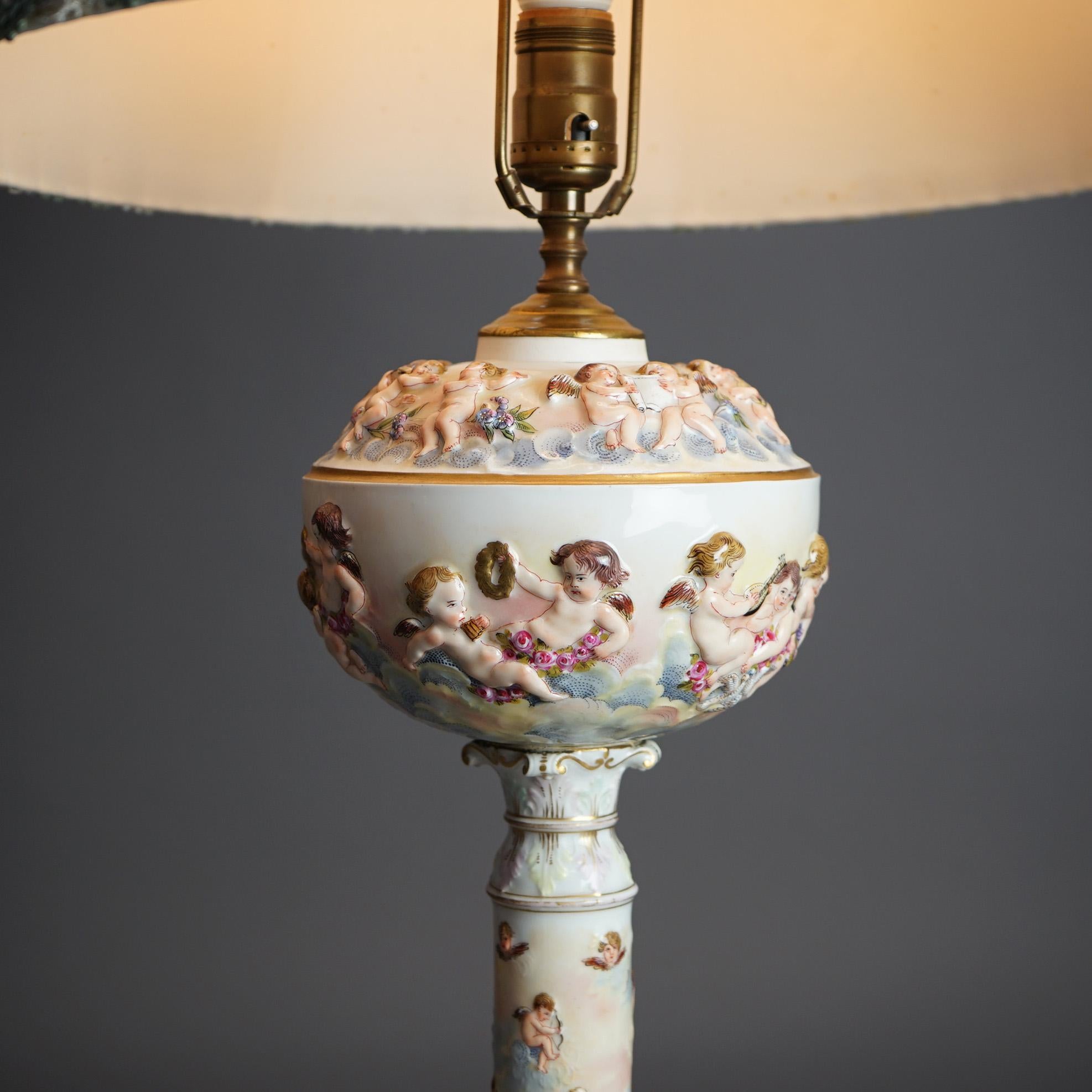 Antique Classical Italian Embossed Porcelain Cherub Table Lamp, c1920 For Sale 1