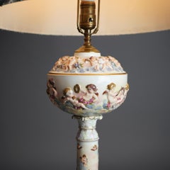 Antique Classical Italian Embossed Porcelain Cherub Table Lamp, c1920