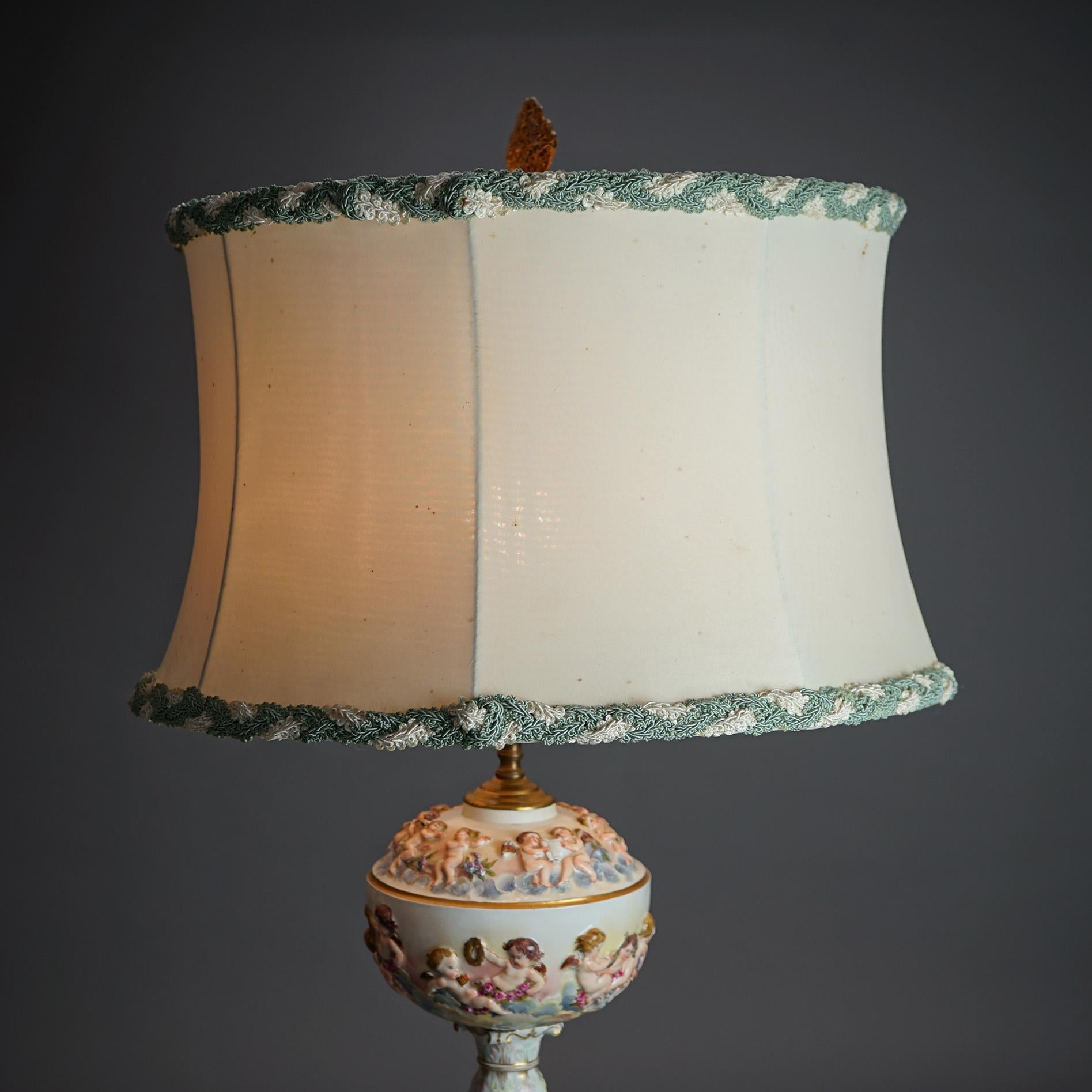 Antique Classical Italian Embossed Porcelain Cherub Table Lamp, c1920 For Sale 2