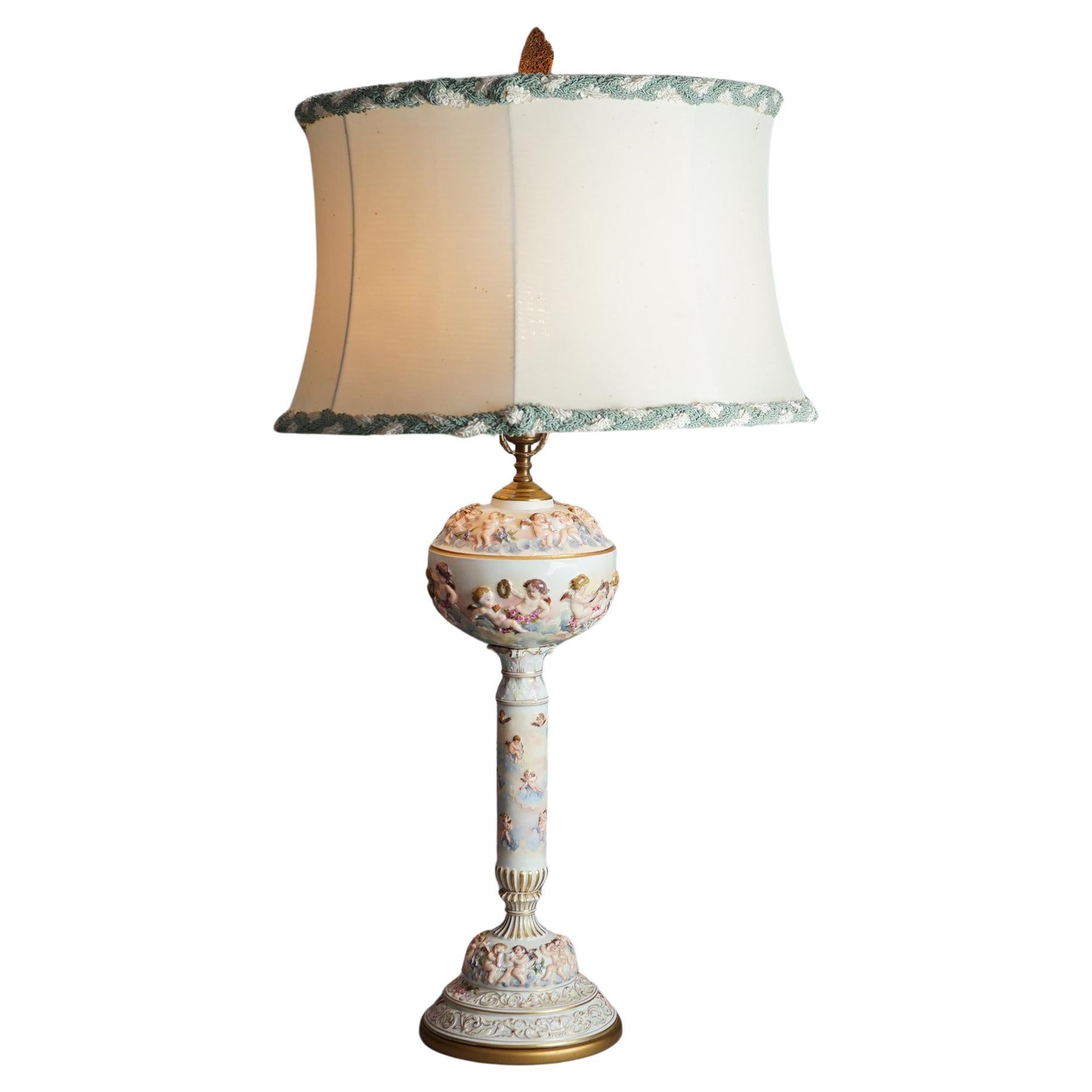 Antique Classical Italian Embossed Porcelain Cherub Table Lamp, c1920