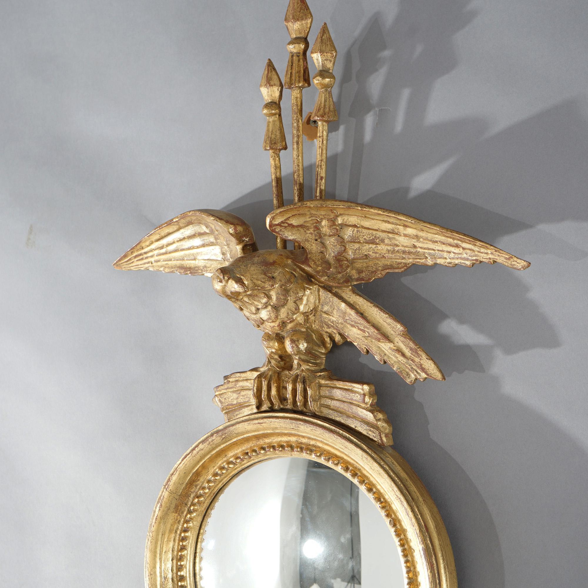 Antique Classical Italian Giltwood Figural Bullseye Wall Mirror with Eagle 1920 In Good Condition For Sale In Big Flats, NY