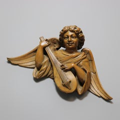 Antique Classical Italian Renaissance Carved Walnut Angel & Lute Pediment c1900