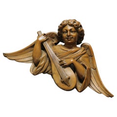 Antique Classical Italian Renaissance Carved Walnut Angel & Lute Pediment c1900