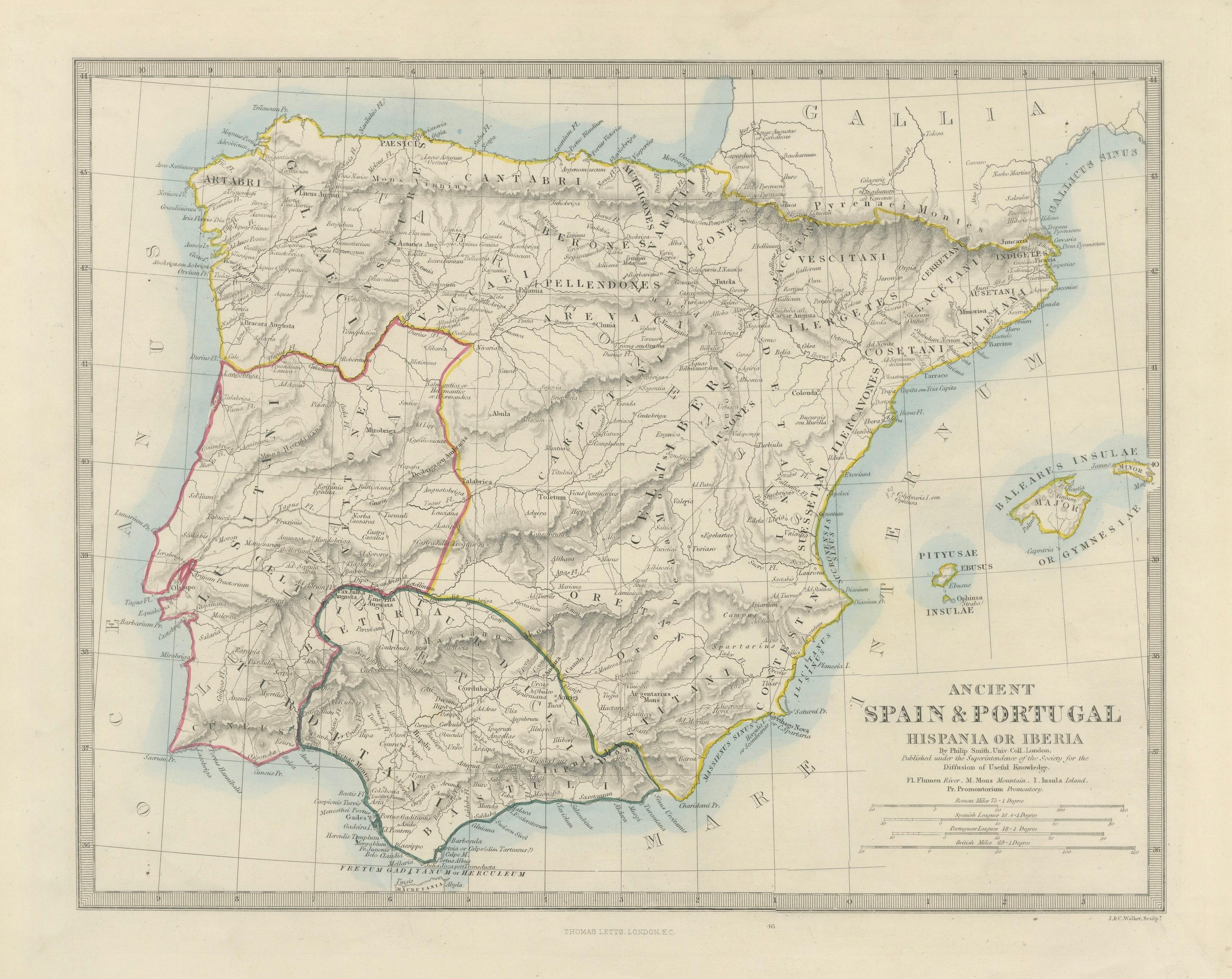 Antique Classical Map of Spain & Portugal, Hispania Iberia, c.1850
