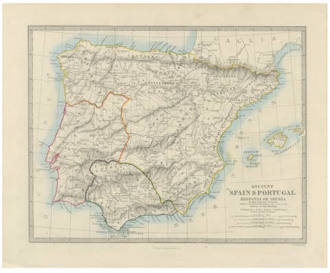 Antique Classical Map of Spain & Portugal, Hispania Iberia, c.1850