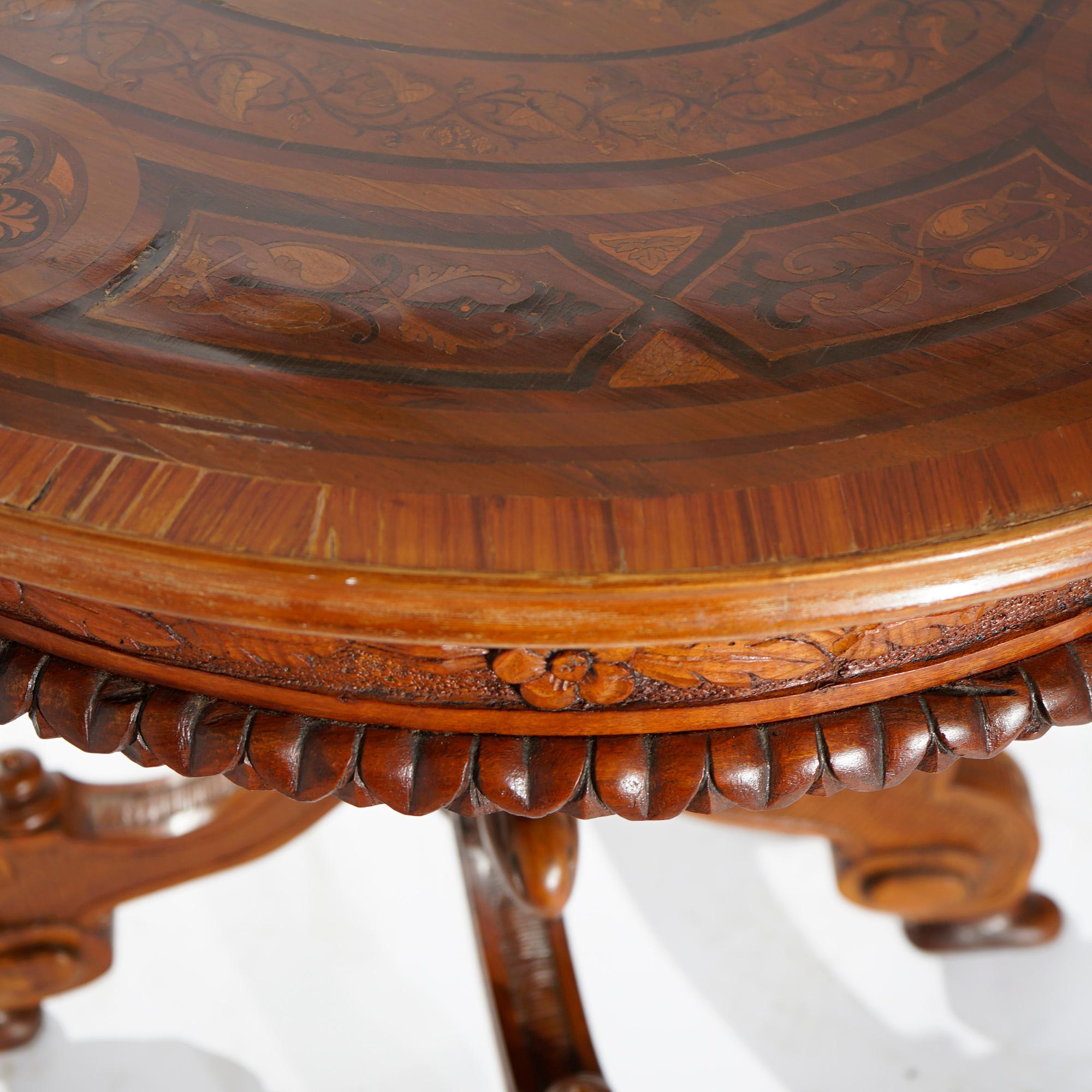 Antique Classical Marquetry Inlaid & Figural Carved Kingwood Center Table 19th C For Sale 6