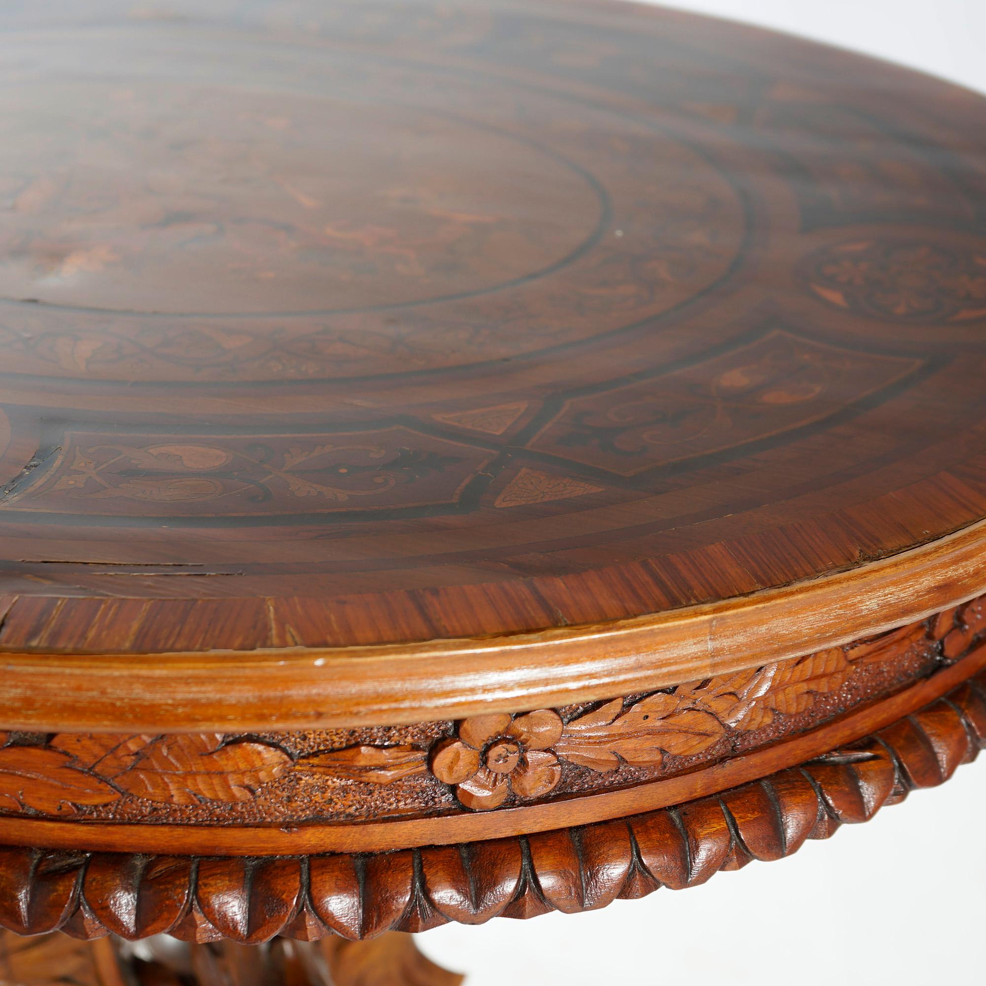Antique Classical Marquetry Inlaid & Figural Carved Kingwood Center Table 19th C For Sale 7