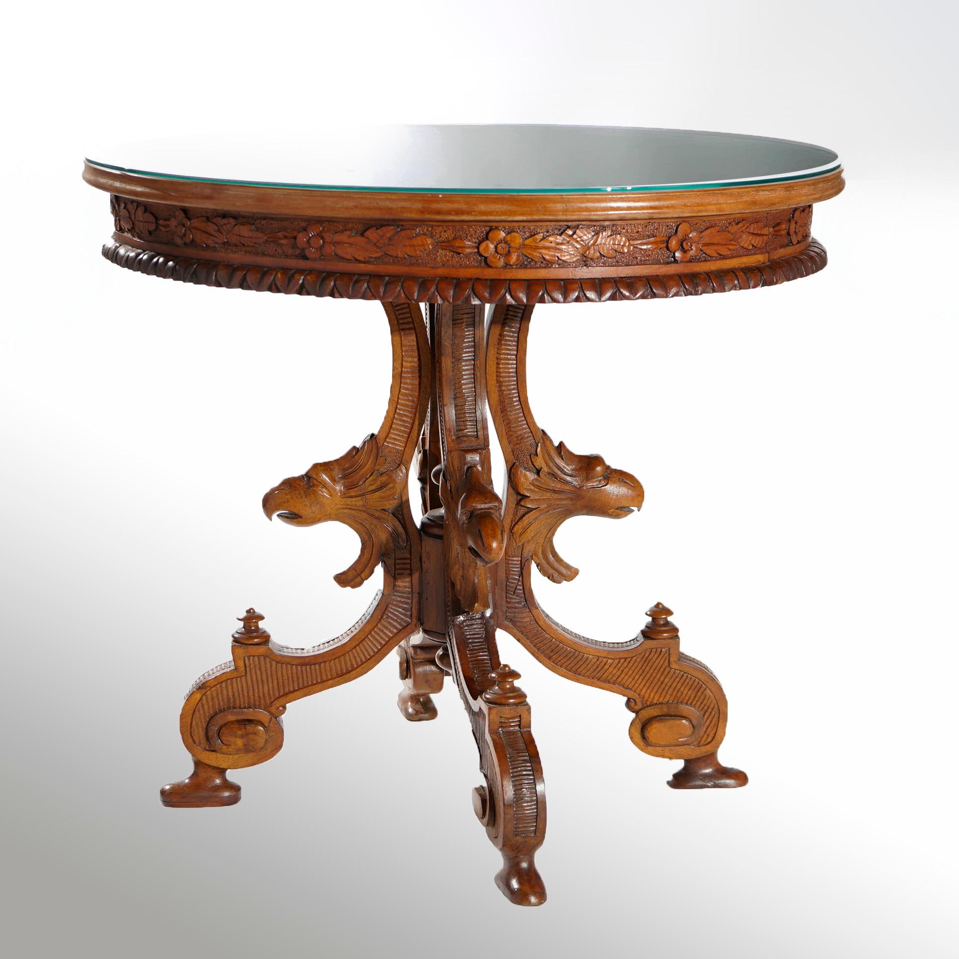 Antique Classical Marquetry Inlaid & Figural Carved Kingwood Center Table 19th C In Good Condition In Big Flats, NY