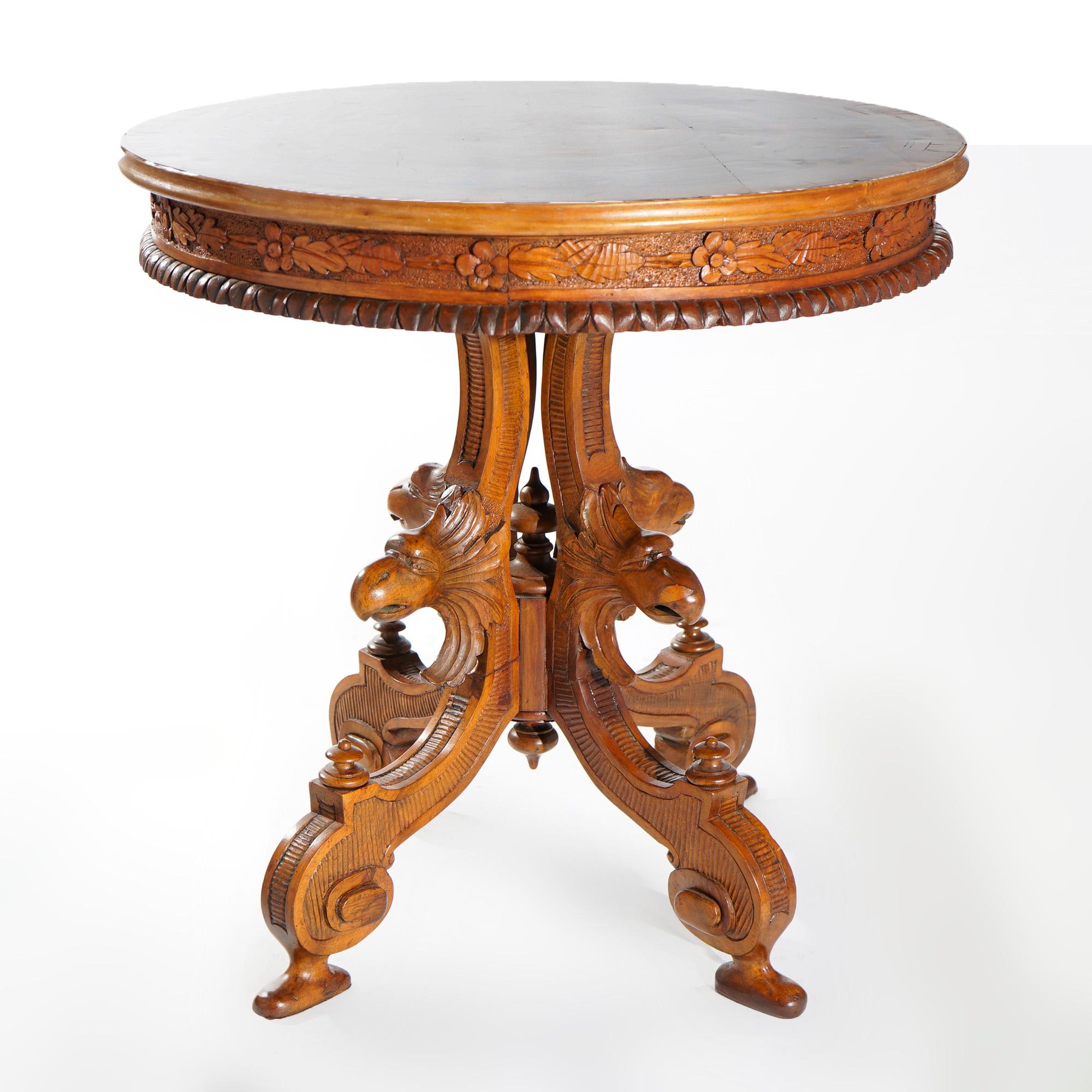 19th Century Antique Classical Marquetry Inlaid & Figural Carved Kingwood Center Table 19th C