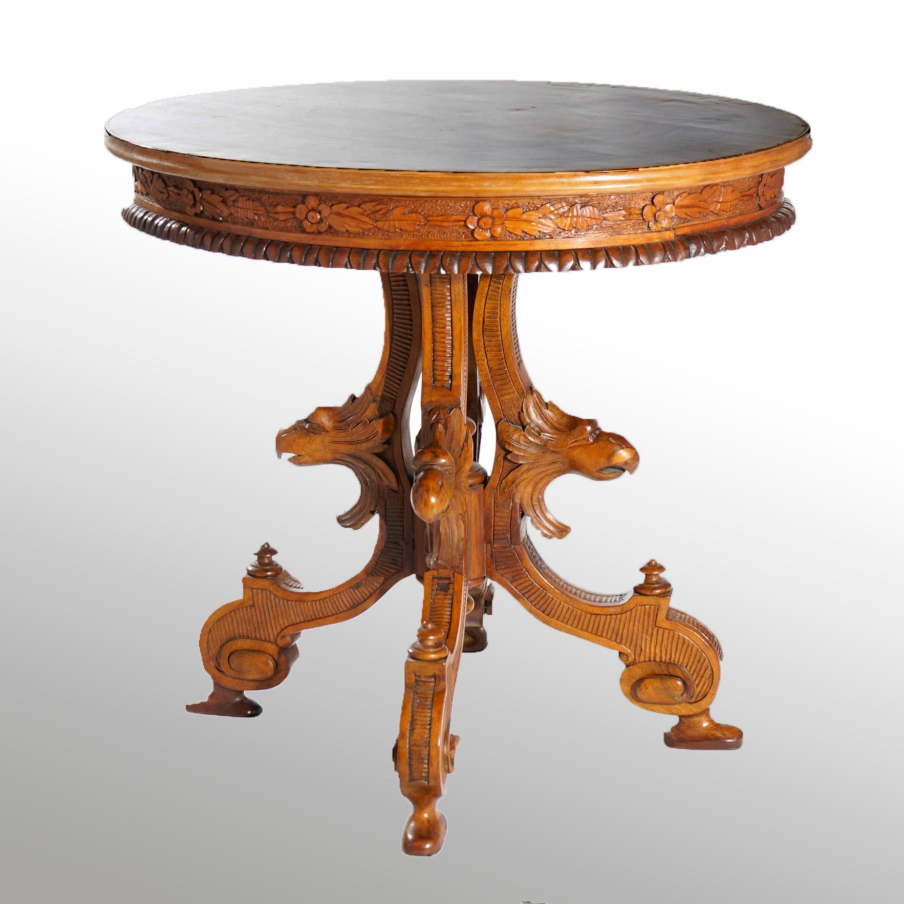 Wood Antique Classical Marquetry Inlaid & Figural Carved Kingwood Center Table 19th C For Sale