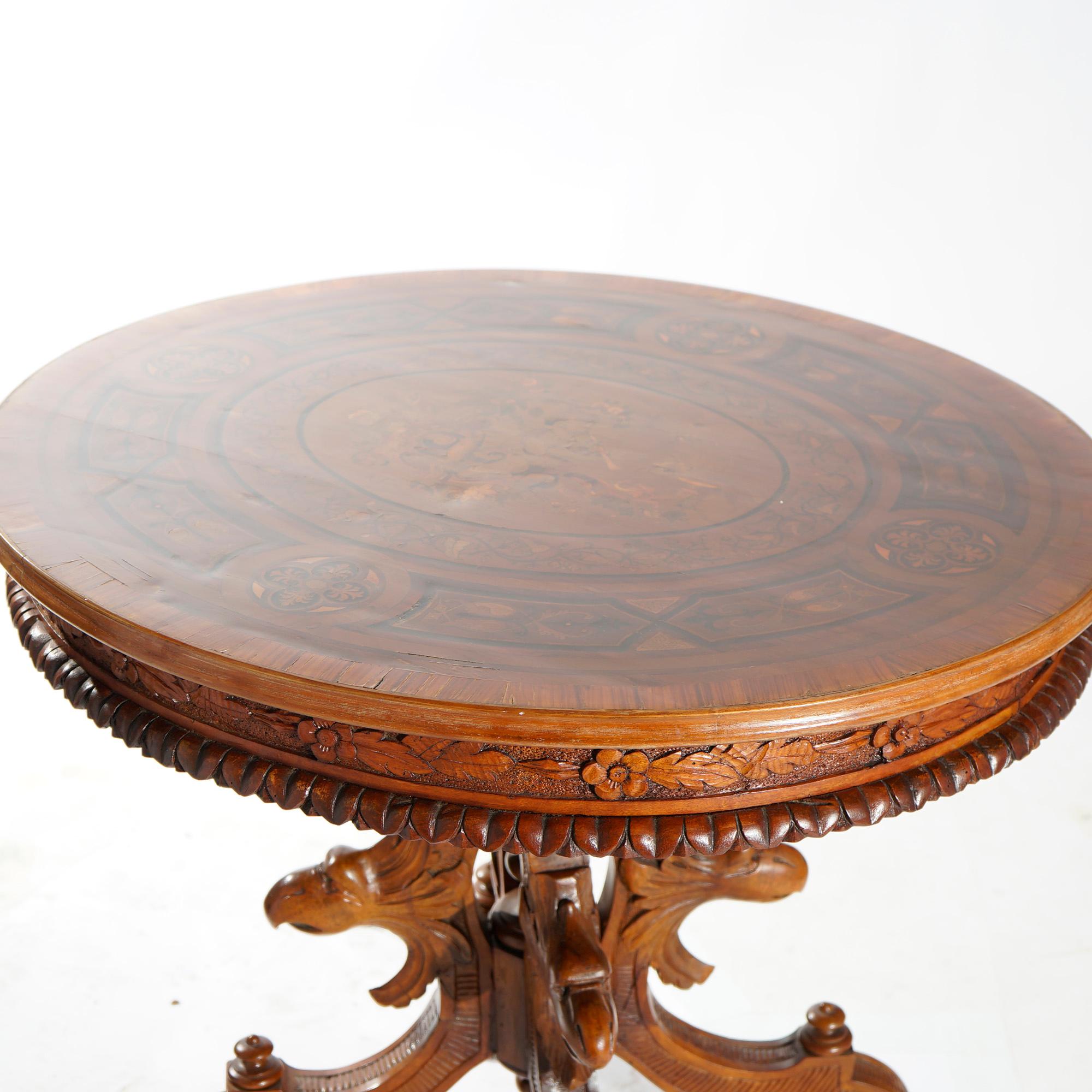 Antique Classical Marquetry Inlaid & Figural Carved Kingwood Center Table 19th C For Sale 1
