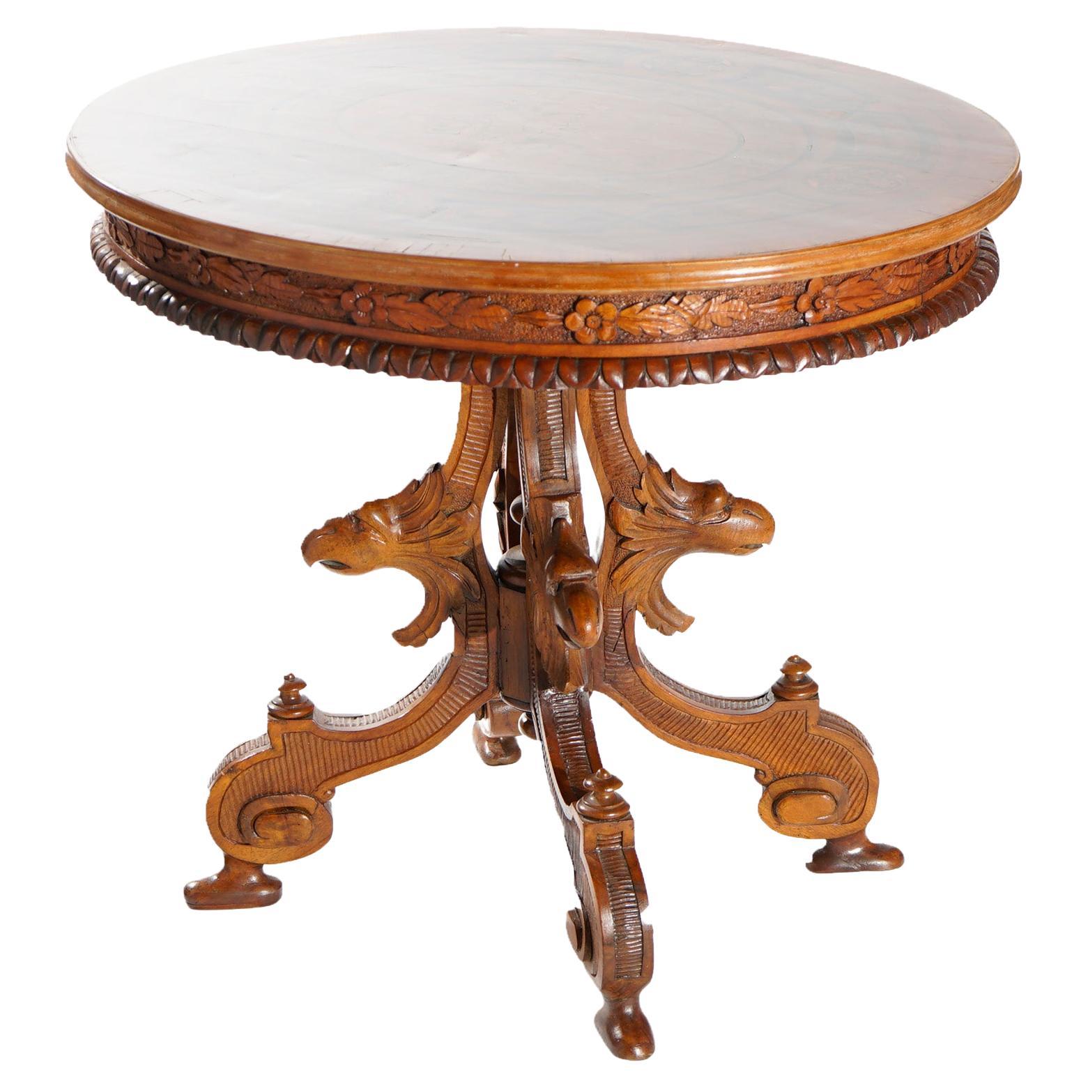 Antique Classical Marquetry Inlaid & Figural Carved Kingwood Center Table 19th C For Sale