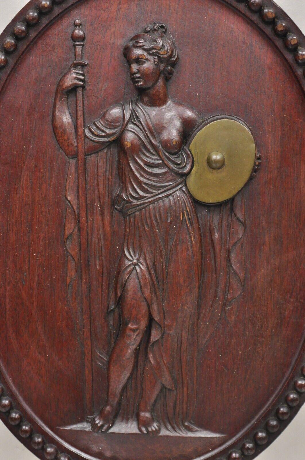 American Classical Antique Classical Oval Carved Mahogany Figural Goddess Wall Sculpture Plaque For Sale