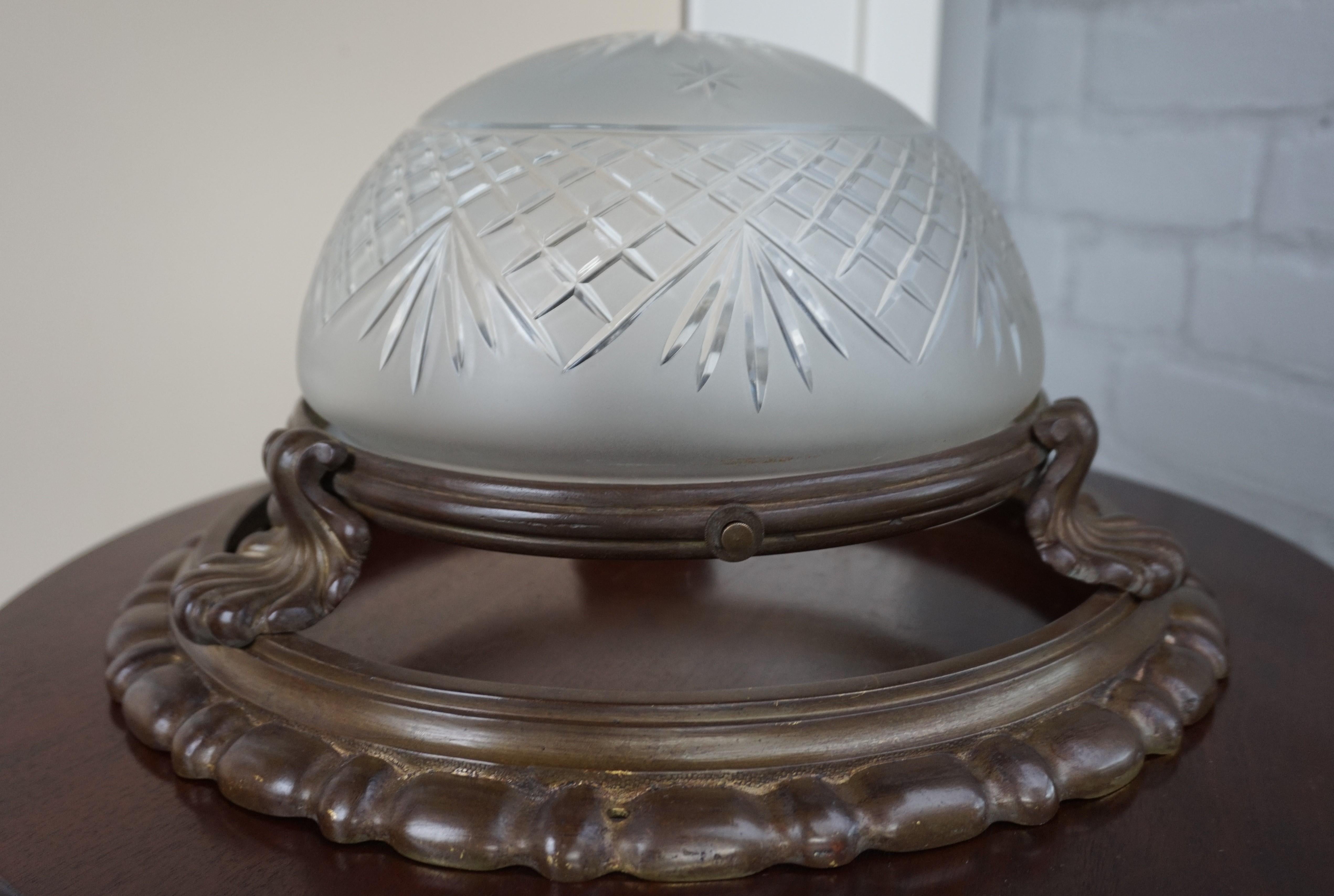 Antique Classical Revival Bronze and Hand Engraved Glass Flush Mount Fixture For Sale 3