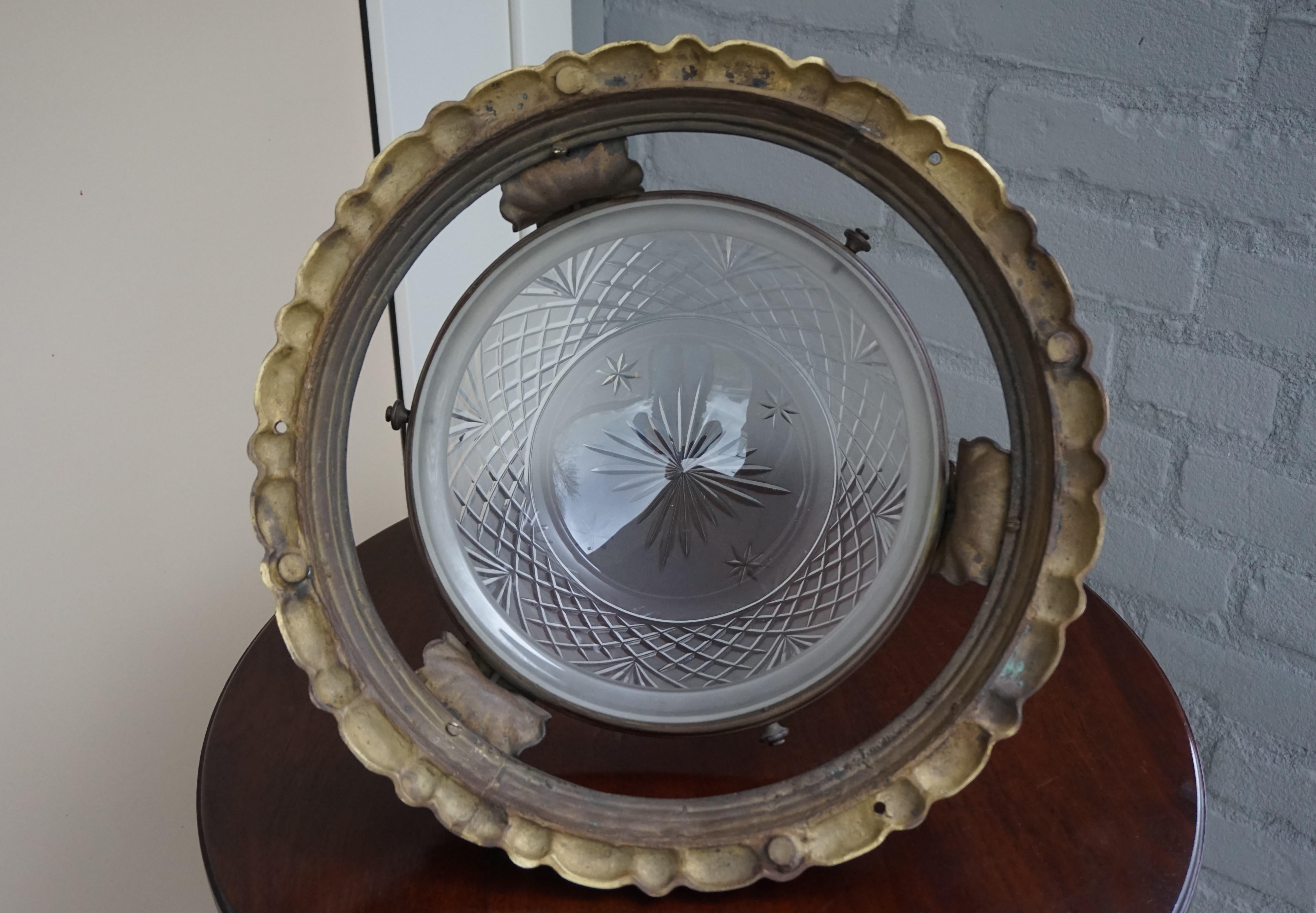 Antique Classical Revival Bronze and Hand Engraved Glass Flush Mount Fixture 5