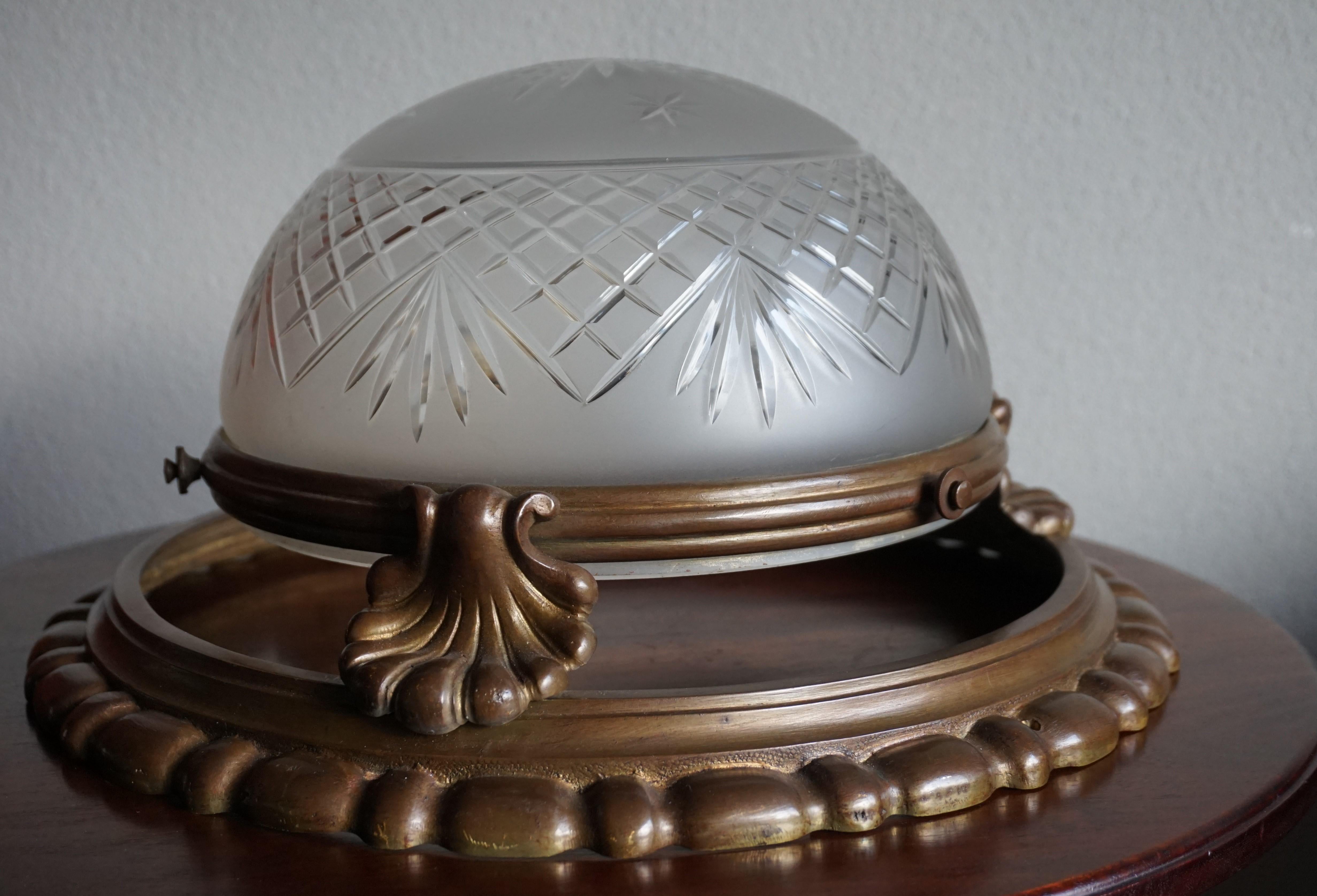 Antique Classical Revival Bronze and Hand Engraved Glass Flush Mount Fixture In Good Condition In Lisse, NL