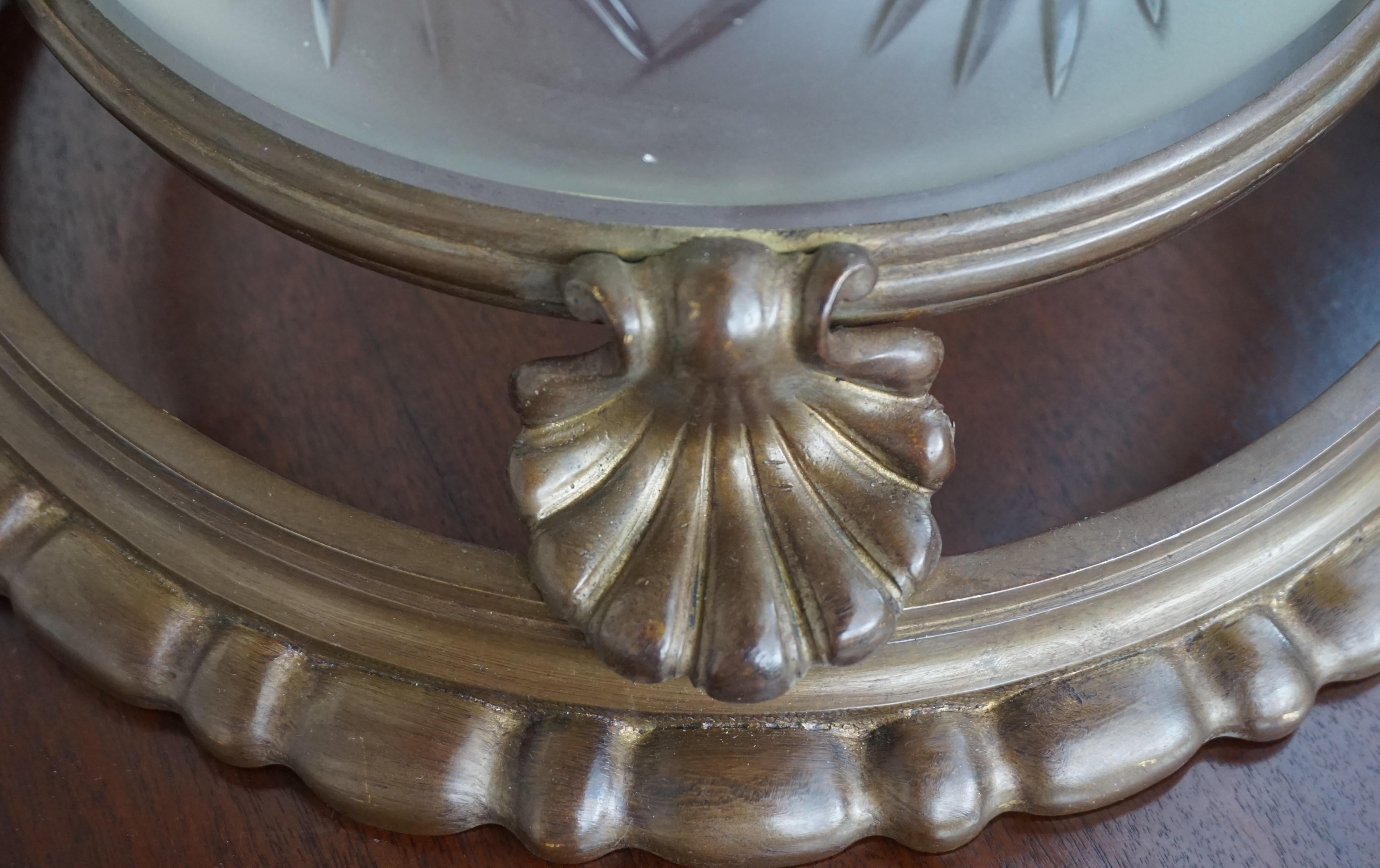 Antique Classical Revival Bronze and Hand Engraved Glass Flush Mount Fixture For Sale 1