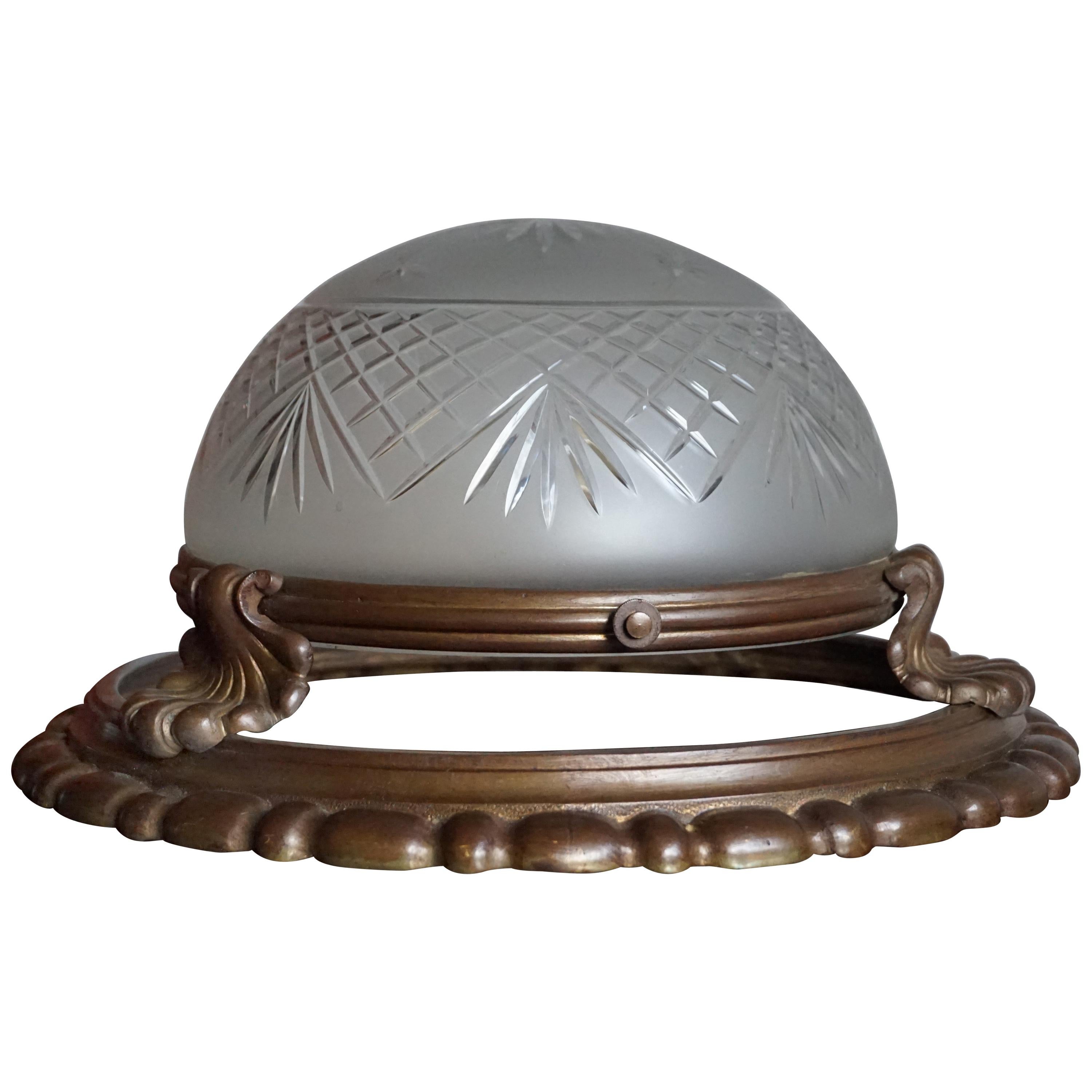Antique Classical Revival Bronze and Hand Engraved Glass Flush Mount Fixture For Sale